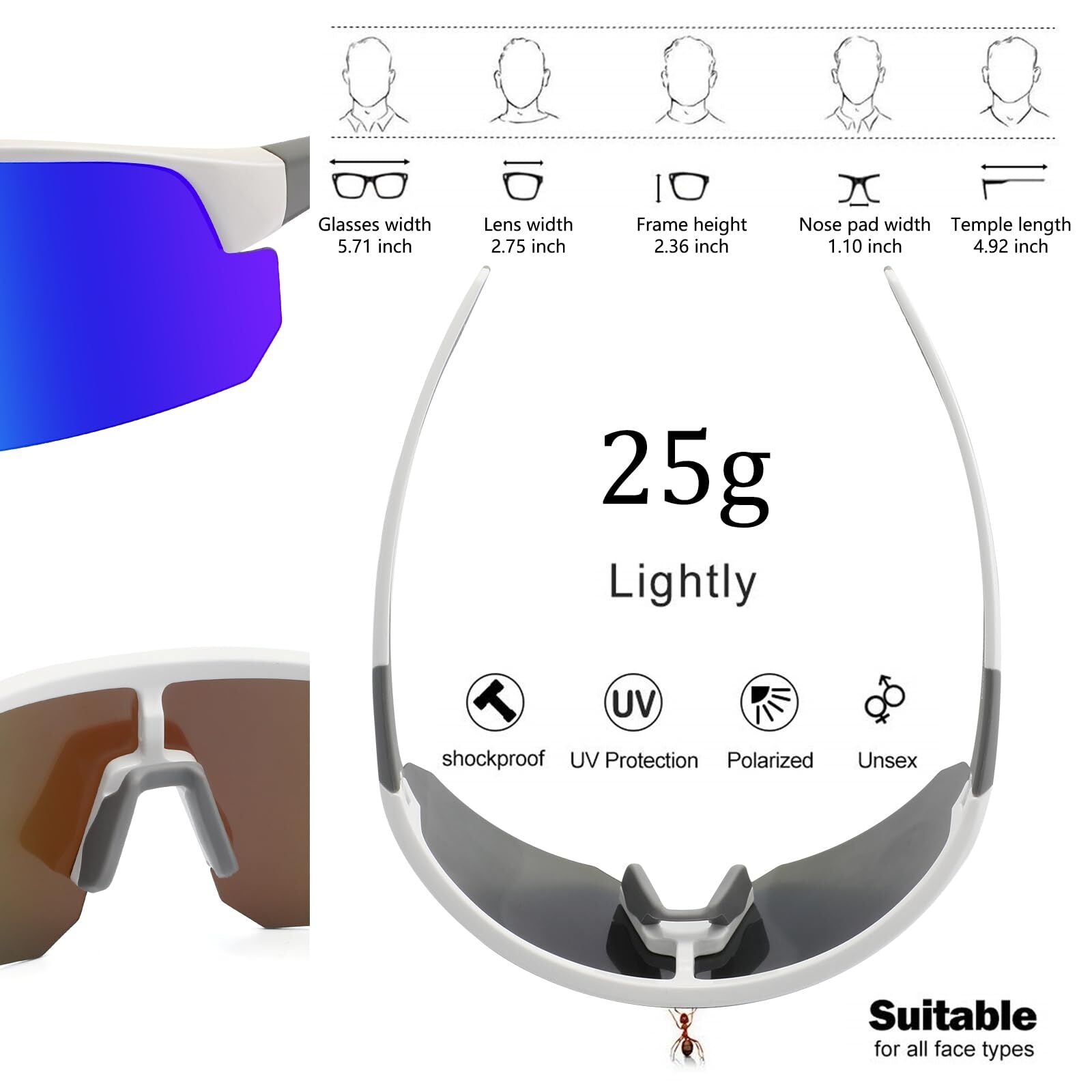 High-End Polarized Sports Sunglasses for Men Women – UV400 Protection, Anti-Fog, Lightweight TR90 Frame, Removable Lens, Ideal for Cycling, Running, Fishing, Golf (White & Blue) - Image 5