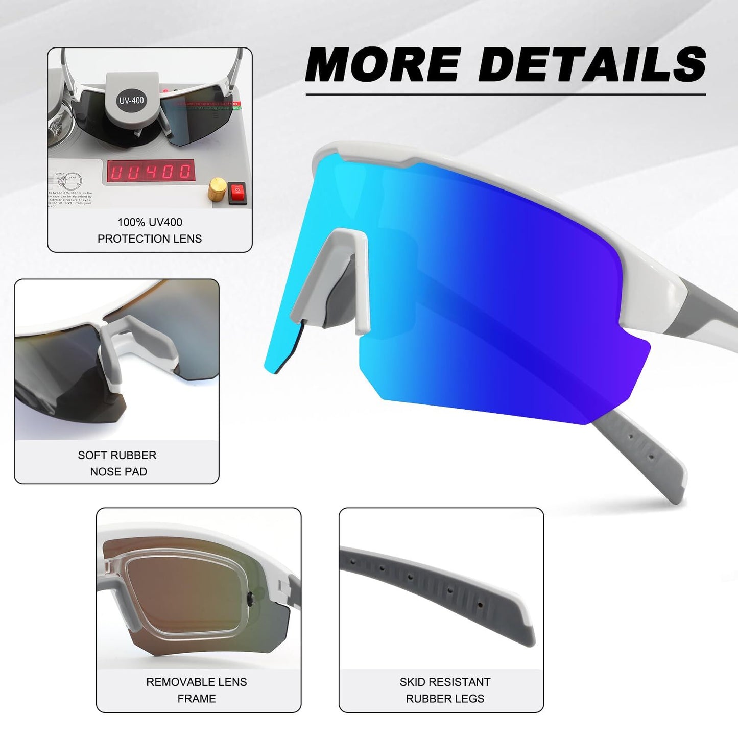 High-End Polarized Sports Sunglasses for Men Women – UV400 Protection, Anti-Fog, Lightweight TR90 Frame, Removable Lens, Ideal for Cycling, Running, Fishing, Golf (White & Blue) - Image 6