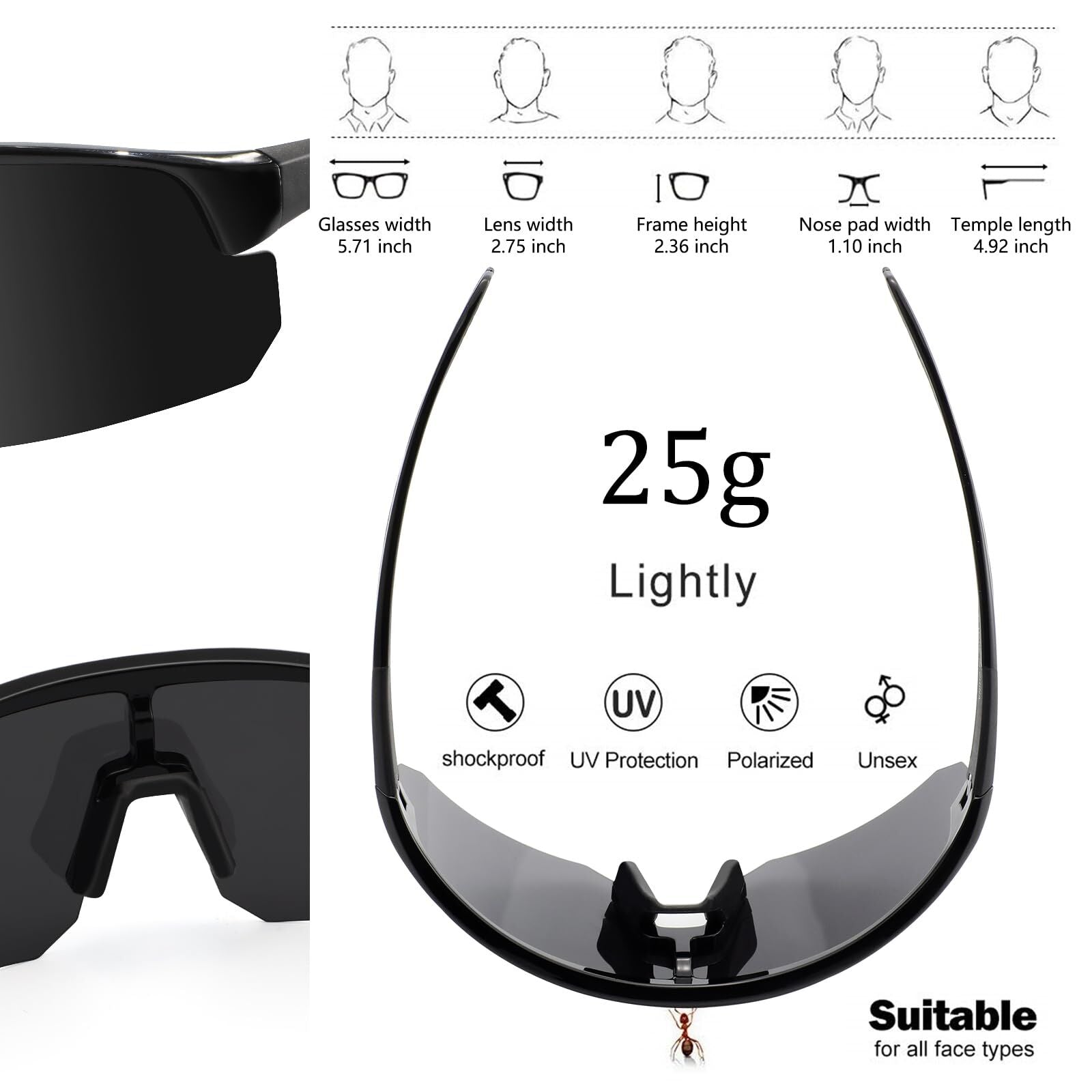 High-End Polarized Sports Sunglasses for Men Women – UV400 Protection, Anti-Fog, Lightweight TR90 Frame, Removable Lens, Ideal for Cycling, Running, Fishing, Golf (Black) - Image 4