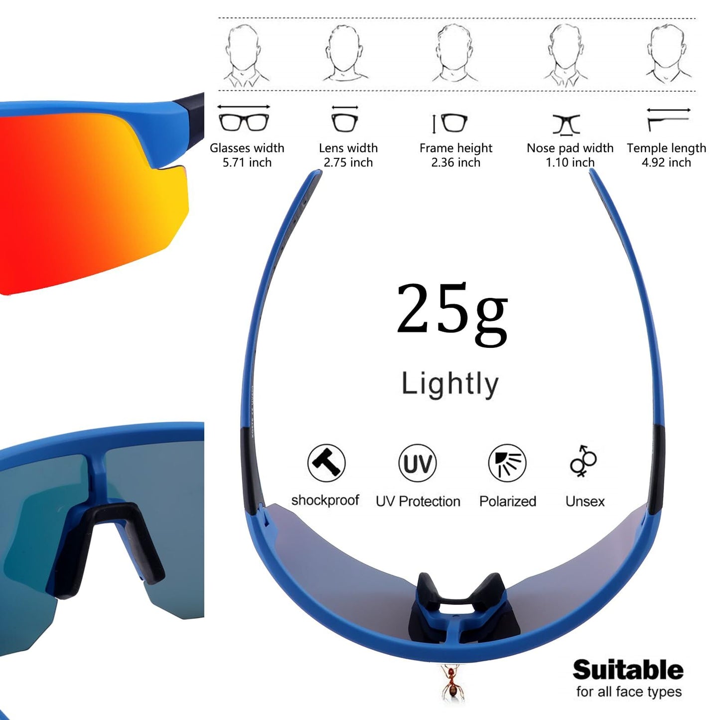 High-End Polarized Sports Sunglasses for Men Women – UV400 Protection, Anti-Fog, Lightweight TR90 Frame, Removable Lens, Ideal for Cycling, Running, Fishing, Golf (Blue & Red) - Image 4