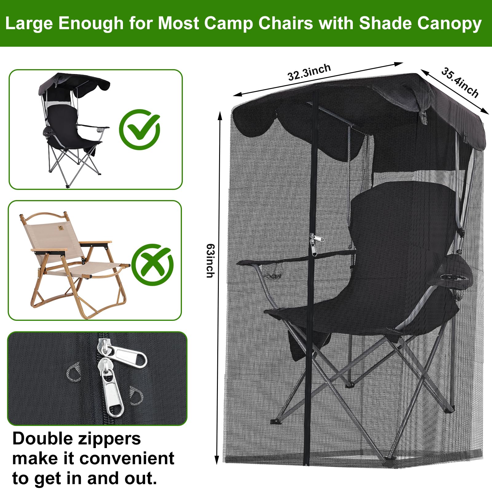 Outdoor Mosquito Net Chair Cover with Canopy – UV & Waterproof, Zippered Entry, Breathable Mesh Tent for Camping, Fishing, Beach Use (Black) - Image 2