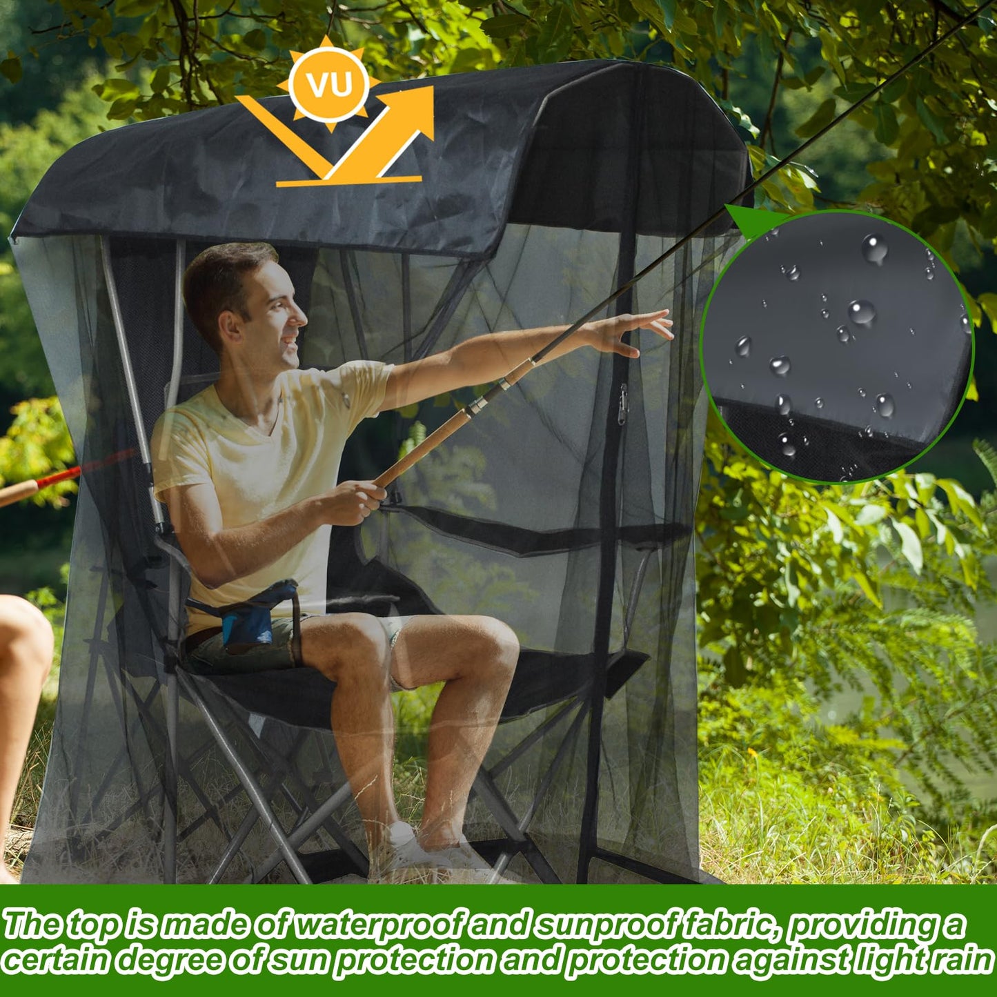 Outdoor Mosquito Net Chair Cover with Canopy – UV & Waterproof, Zippered Entry, Breathable Mesh Tent for Camping, Fishing, Beach Use (Black) - Image 4
