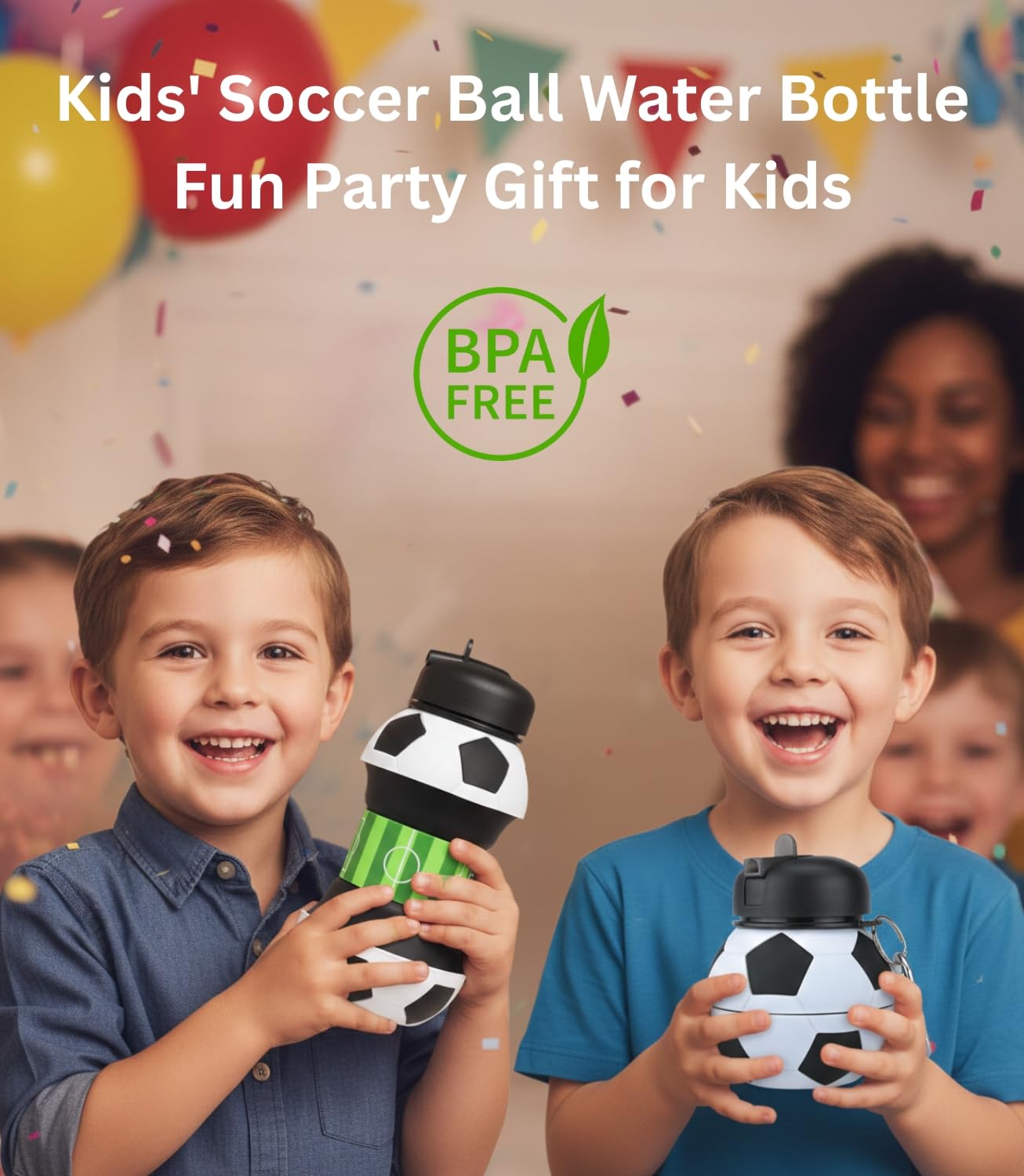 Foldable Soccer Water Bottle for Kids – 18oz Expandable Silicone Hydration Flask with Leak-Proof Spout & Carabiner Clip, BPA-Free, Ideal for School, Sports, Travel & Outdoor Adventures (Black, White, Green) - Image 2