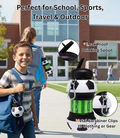 Foldable Soccer Water Bottle for Kids – 18oz Expandable Silicone Hydration Flask with Leak-Proof Spout & Carabiner Clip, BPA-Free, Ideal for School, Sports, Travel & Outdoor Adventures (Black, White, Green) - Image 3