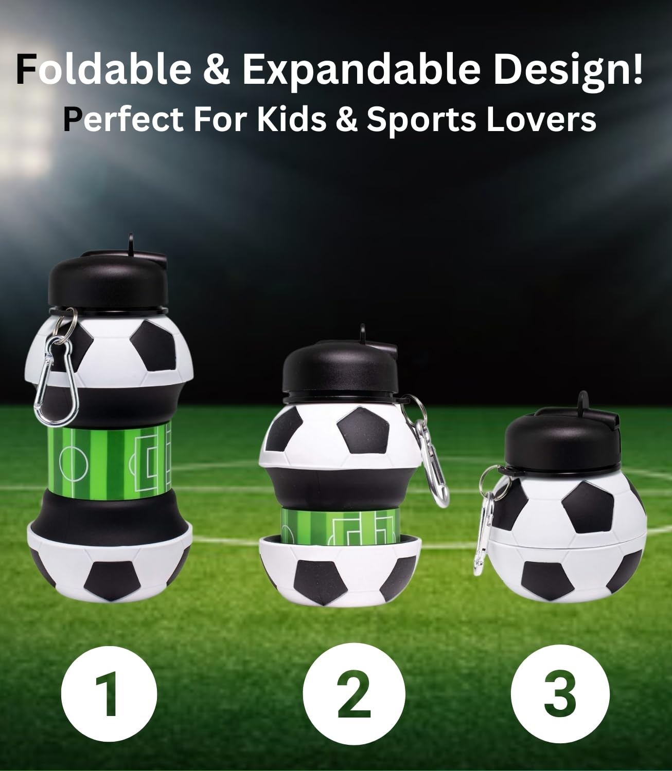 Foldable Soccer Water Bottle for Kids – 18oz Expandable Silicone Hydration Flask with Leak-Proof Spout & Carabiner Clip, BPA-Free, Ideal for School, Sports, Travel & Outdoor Adventures (Black, White, Green) - Image 5