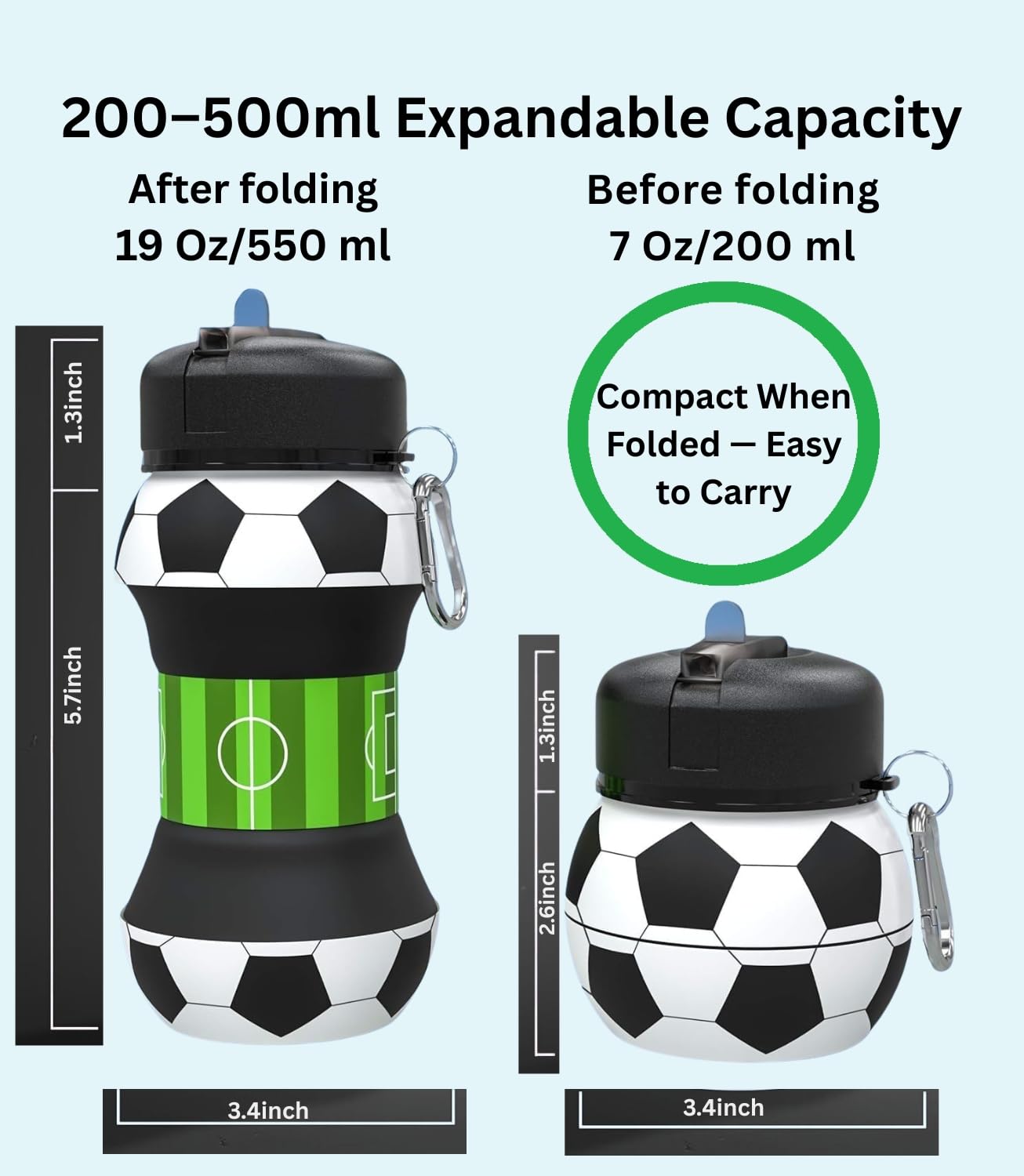 Foldable Soccer Water Bottle for Kids – 18oz Expandable Silicone Hydration Flask with Leak-Proof Spout & Carabiner Clip, BPA-Free, Ideal for School, Sports, Travel & Outdoor Adventures (Black, White, Green) - Image 6