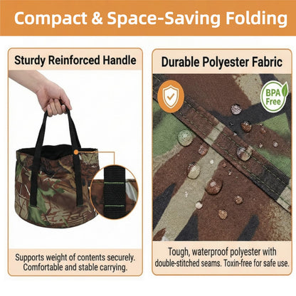 Collapsible Outdoor Bucket with Handles – Foldable Water Container for Camping, Fishing, Travel & Washing, Durable Waterproof Polyester Basin (Camouflage) - Image 4
