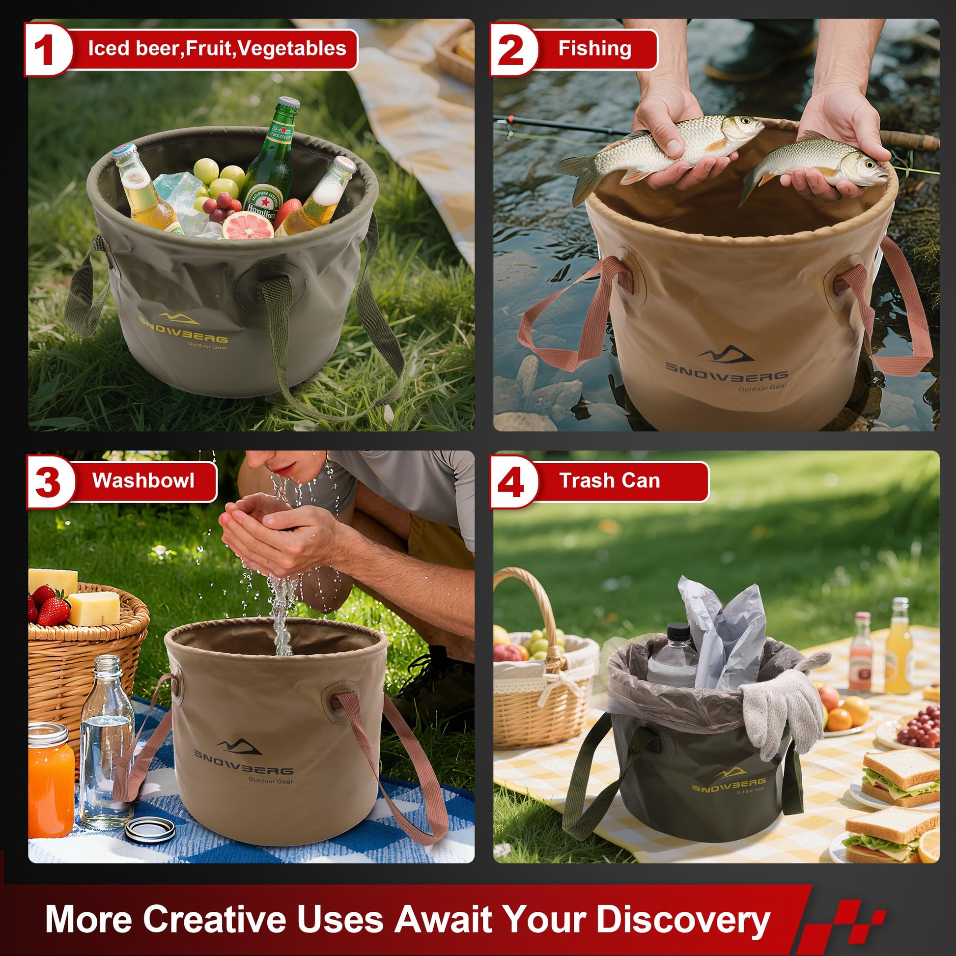 Multi-Use Collapsible Bucket – Foldable Camping Container with Dual Handles, 10L/20L Capacity, Supports 22 lbs or 44 lbs, Waterproof PVC Mesh for Fishing, Washing, Picnics & Outdoor Use (Coffee,Large) - Image 2