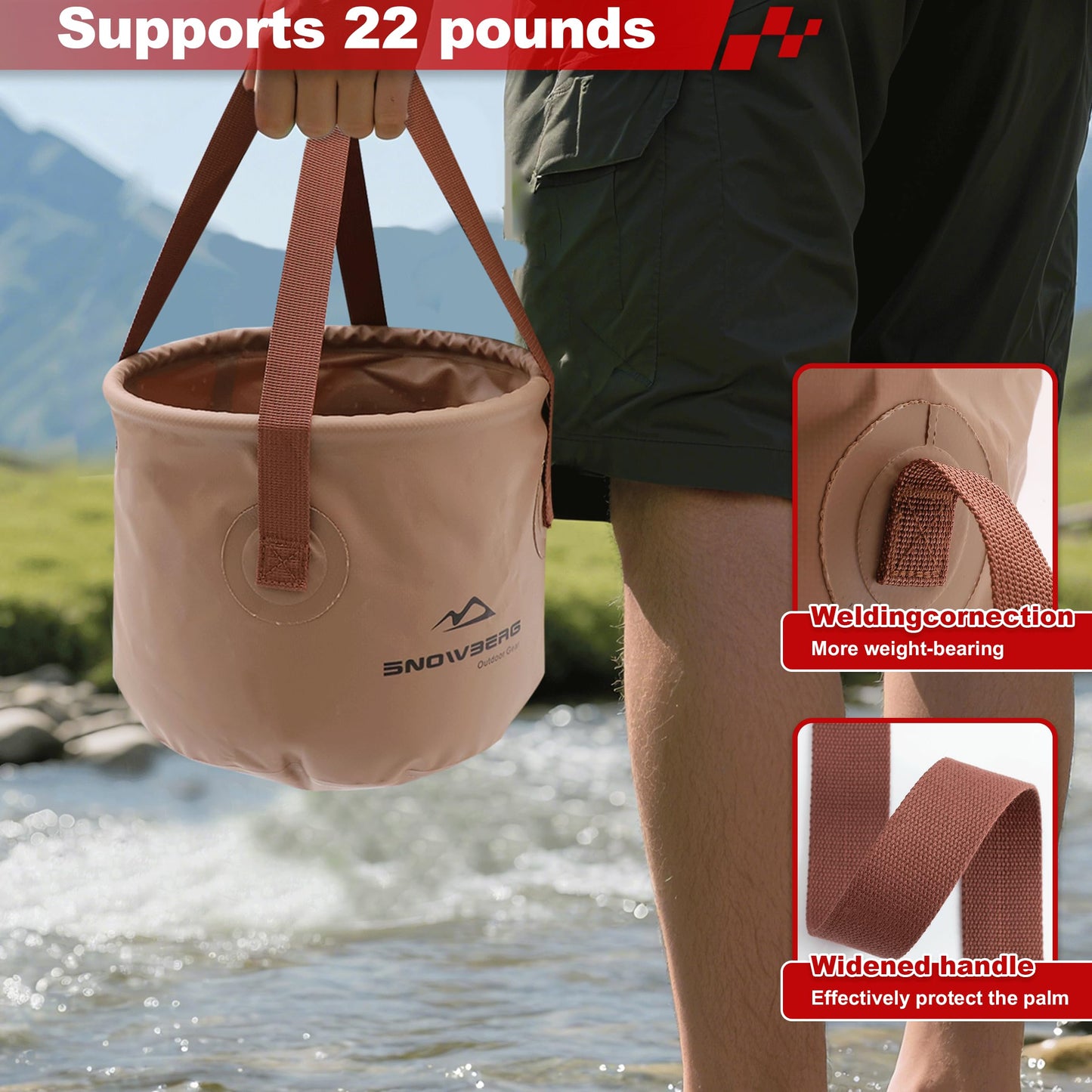 Multi-Use Collapsible Bucket – Foldable Camping Container with Dual Handles, 10L/20L Capacity, Supports 22 lbs or 44 lbs, Waterproof PVC Mesh for Fishing, Washing, Picnics & Outdoor Use (Coffee,Large) - Image 4