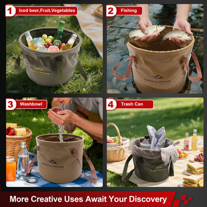 Multi-Use Collapsible Bucket – Foldable Camping Container with Dual Handles, 10L/20L Capacity, Supports 22 lbs or 44 lbs, Waterproof PVC Mesh for Fishing, Washing, Picnics & Outdoor Use (Forest Green,Trumpet) - Image 2