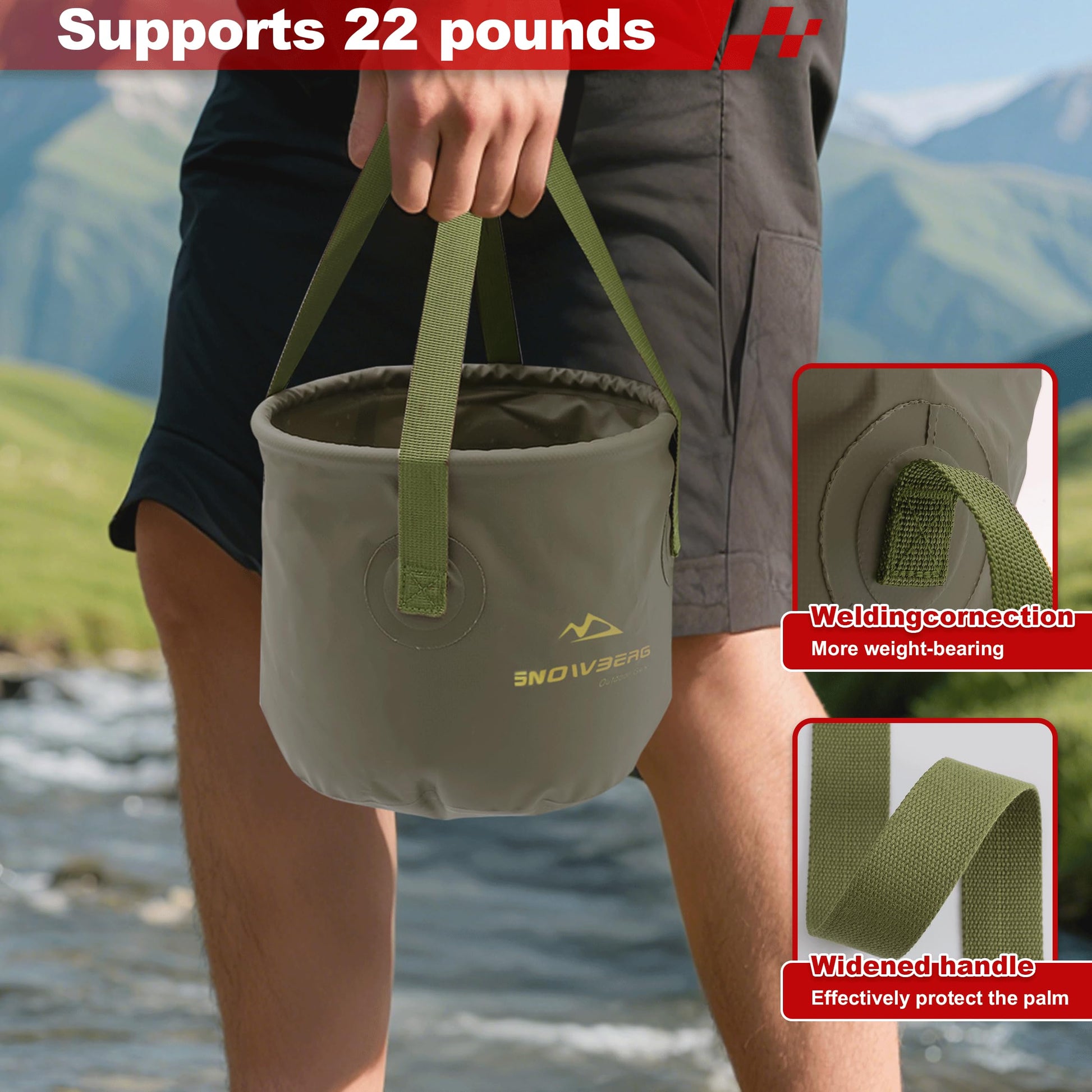 Multi-Use Collapsible Bucket – Foldable Camping Container with Dual Handles, 10L/20L Capacity, Supports 22 lbs or 44 lbs, Waterproof PVC Mesh for Fishing, Washing, Picnics & Outdoor Use (Forest Green,Trumpet) - Image 4