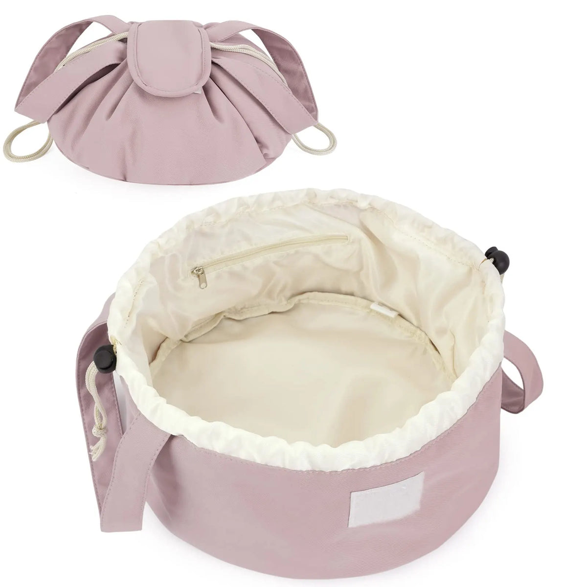 High-Capacity Barrel-Style Cosmetic Bag with Double Drawstring Closure – Water-Resistant, Padded Lining, Inner Zipper & Mesh Pocket – Ideal for Travel & Daily Use (Pink)