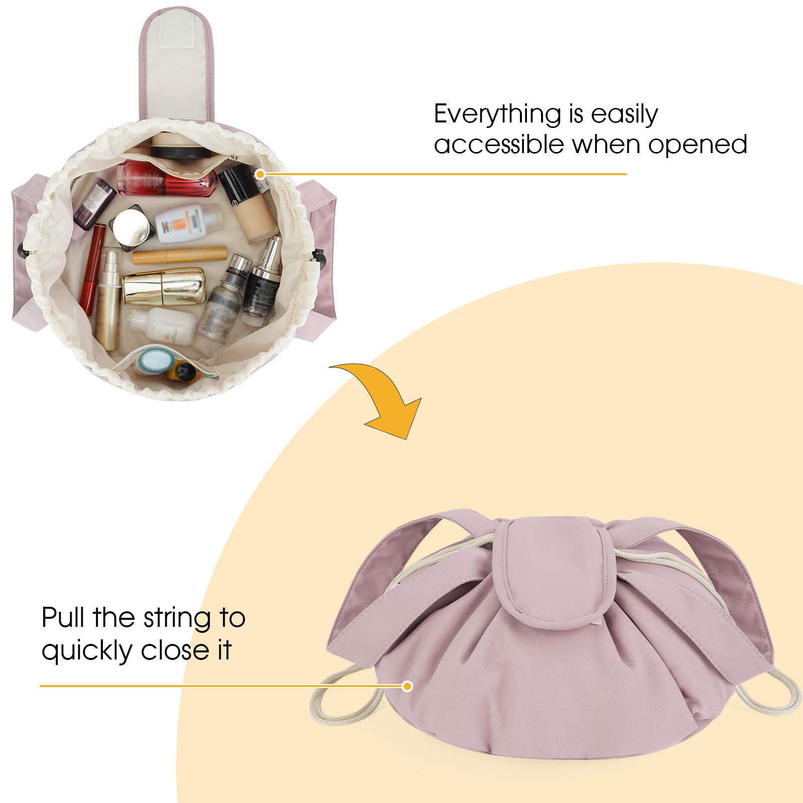 High-Capacity Barrel-Style Cosmetic Bag with Double Drawstring Closure – Water-Resistant, Padded Lining, Inner Zipper & Mesh Pocket – Ideal for Travel & Daily Use (Pink) - Image 3