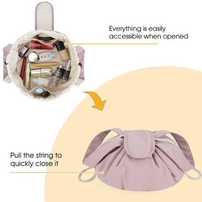 High-Capacity Barrel-Style Cosmetic Bag with Double Drawstring Closure – Water-Resistant, Padded Lining, Inner Zipper & Mesh Pocket – Ideal for Travel & Daily Use (Pink) - Image 3