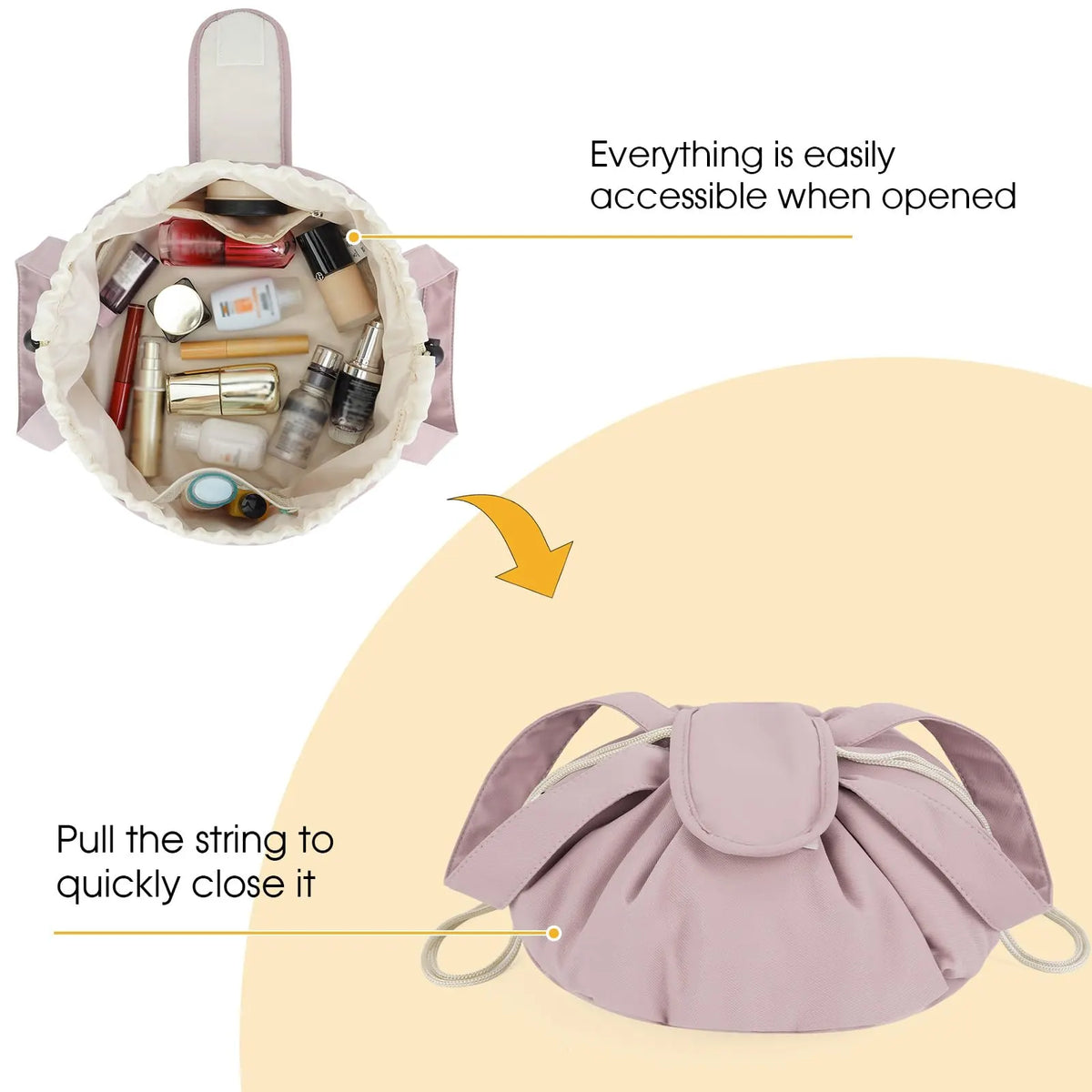 High-Capacity Barrel-Style Cosmetic Bag with Double Drawstring Closure – Water-Resistant, Padded Lining, Inner Zipper & Mesh Pocket – Ideal for Travel & Daily Use (Pink) - Image 3