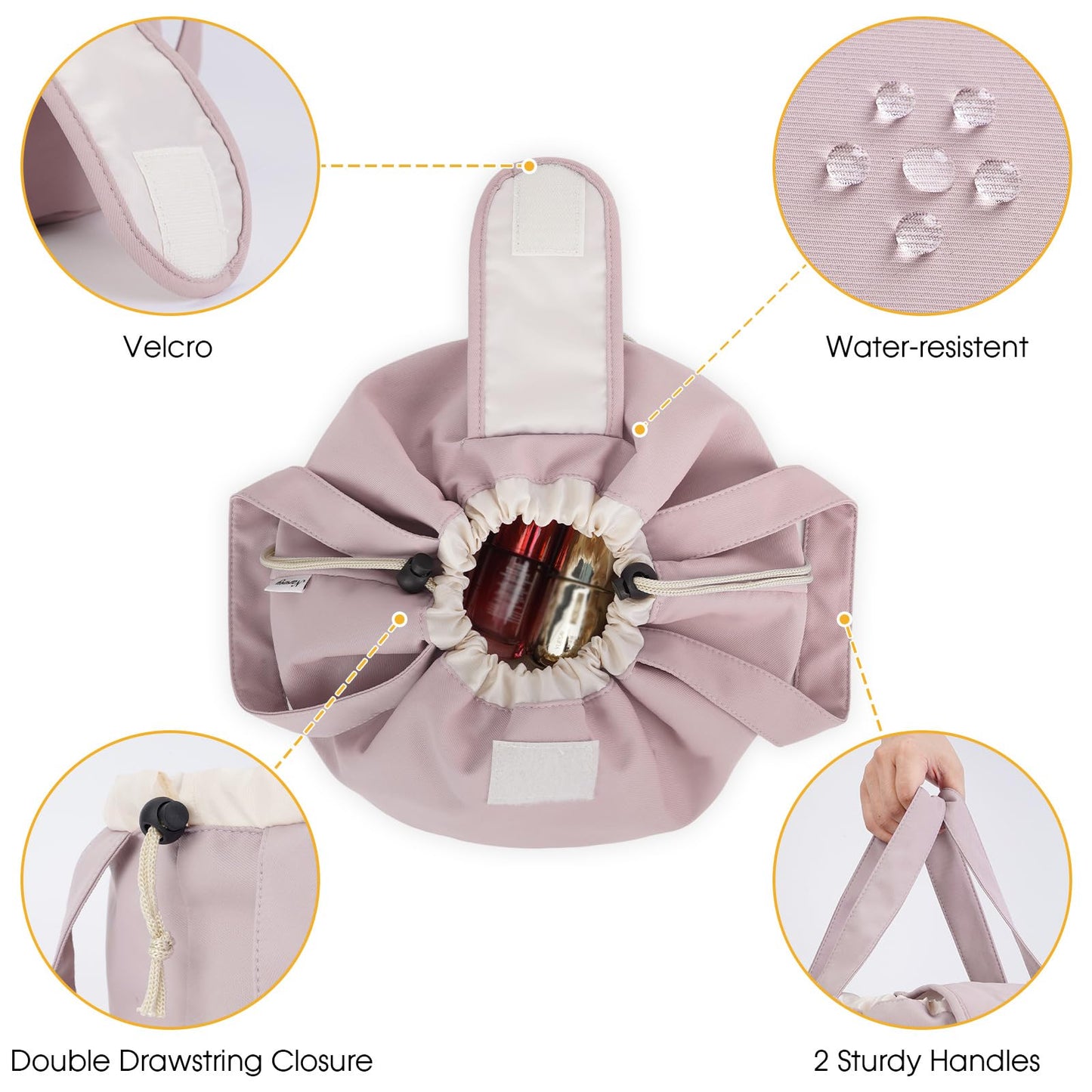 High-Capacity Barrel-Style Cosmetic Bag with Double Drawstring Closure – Water-Resistant, Padded Lining, Inner Zipper & Mesh Pocket – Ideal for Travel & Daily Use (Pink) - Image 4