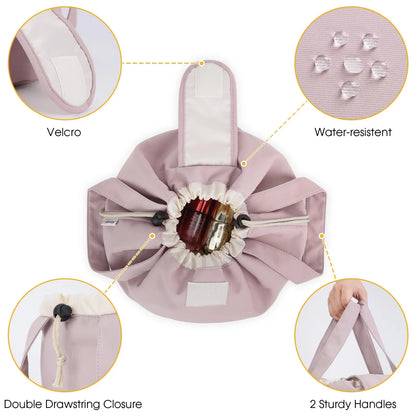 High-Capacity Barrel-Style Cosmetic Bag with Double Drawstring Closure – Water-Resistant, Padded Lining, Inner Zipper & Mesh Pocket – Ideal for Travel & Daily Use (Pink) - Image 4