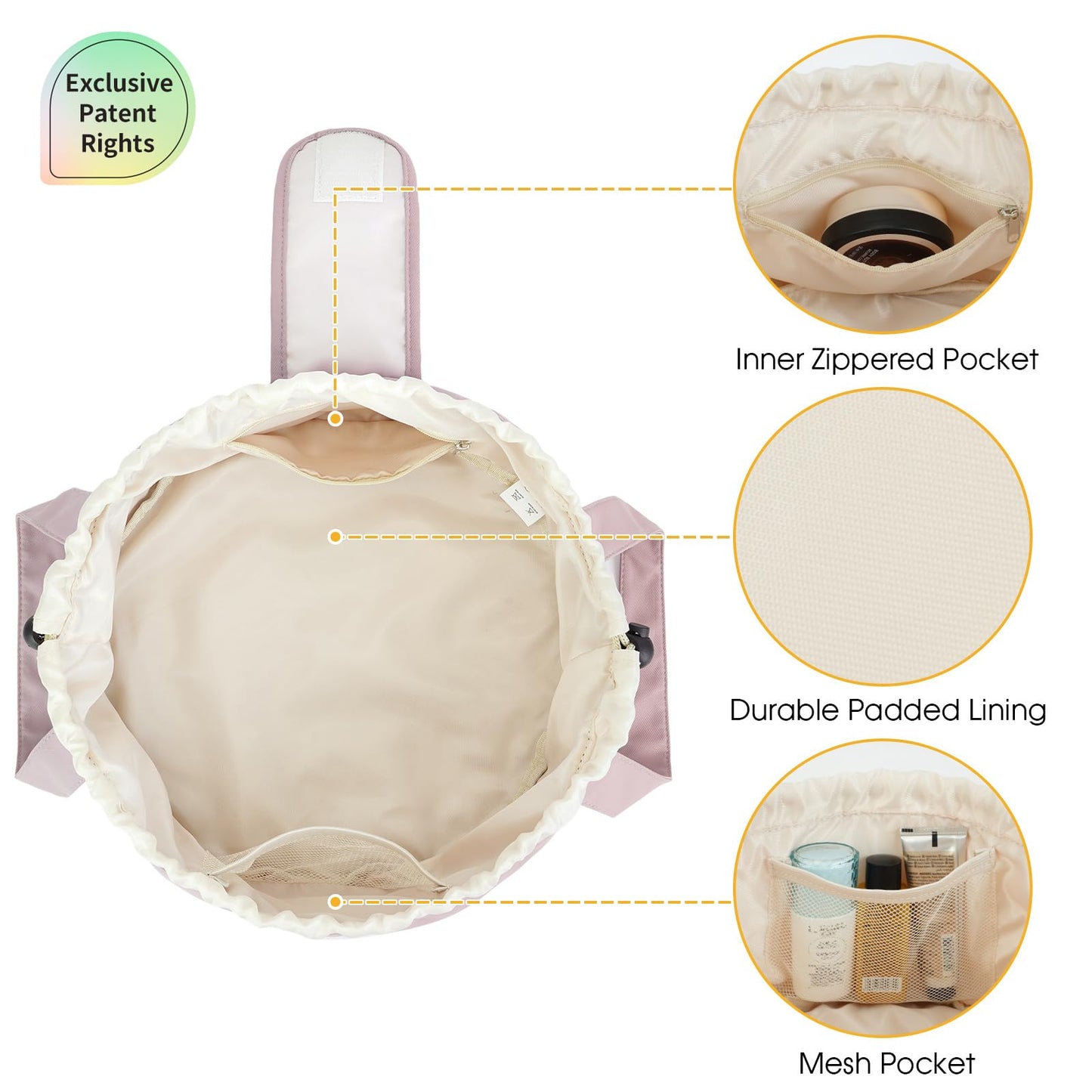 High-Capacity Barrel-Style Cosmetic Bag with Double Drawstring Closure – Water-Resistant, Padded Lining, Inner Zipper & Mesh Pocket – Ideal for Travel & Daily Use (Pink) - Image 5