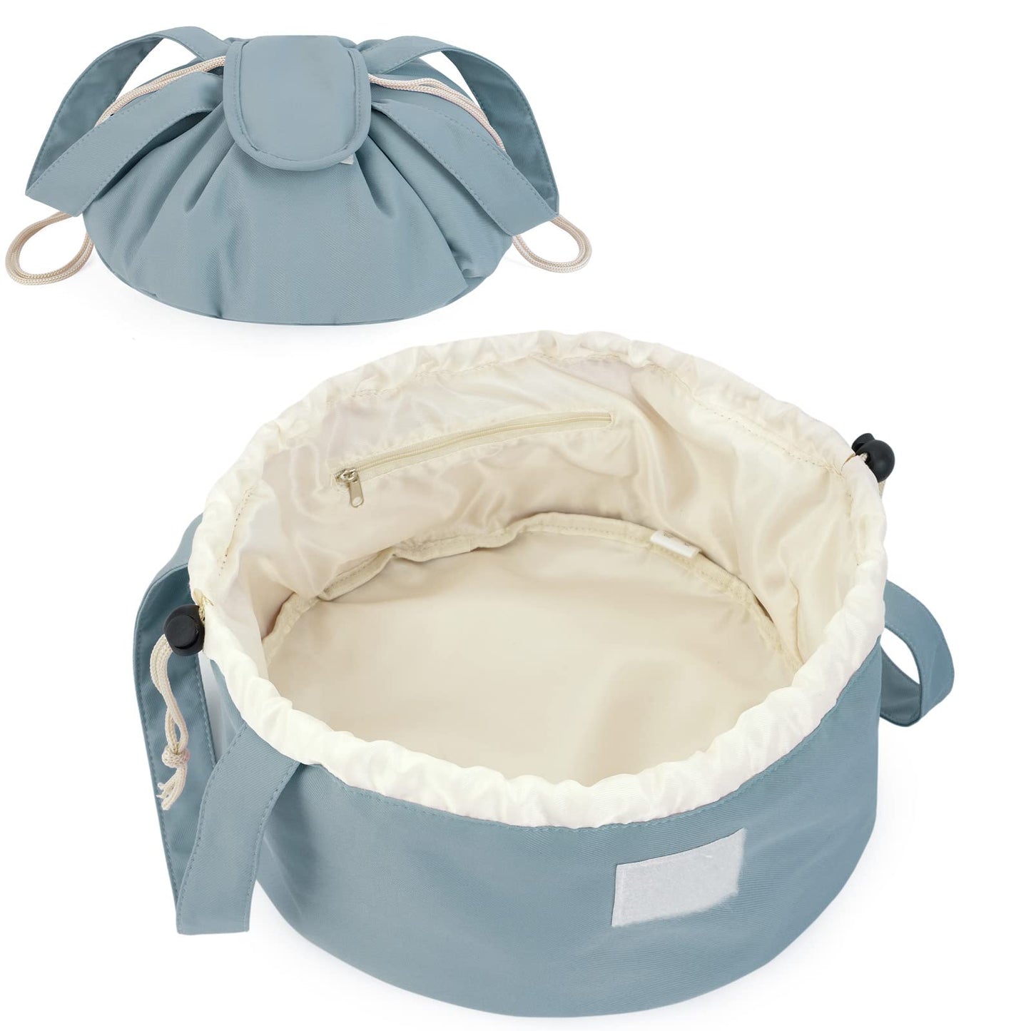 High-Capacity Barrel-Style Cosmetic Bag with Double Drawstring Closure – Water-Resistant, Padded Lining, Inner Zipper & Mesh Pocket – Ideal for Travel & Daily Use (Blue)