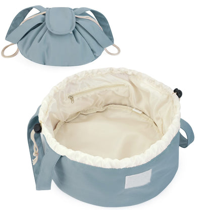 High-Capacity Barrel-Style Cosmetic Bag with Double Drawstring Closure – Water-Resistant, Padded Lining, Inner Zipper & Mesh Pocket – Ideal for Travel & Daily Use (Blue)