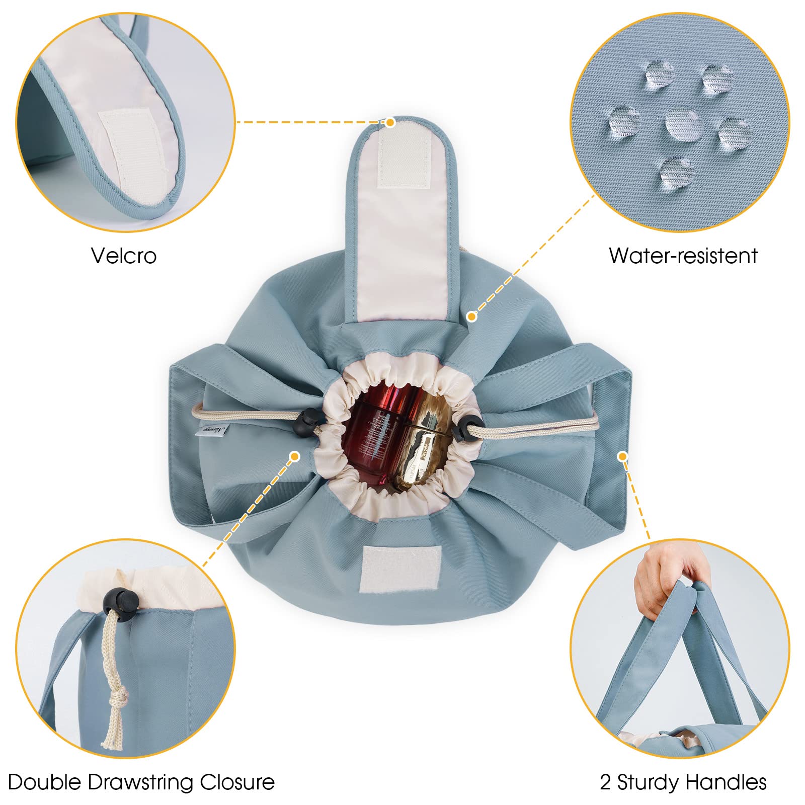 High-Capacity Barrel-Style Cosmetic Bag with Double Drawstring Closure – Water-Resistant, Padded Lining, Inner Zipper & Mesh Pocket – Ideal for Travel & Daily Use (Blue) - Image 4