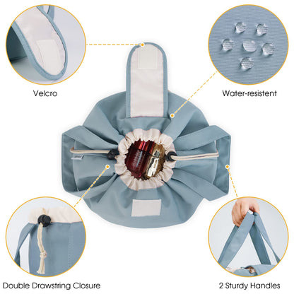 High-Capacity Barrel-Style Cosmetic Bag with Double Drawstring Closure – Water-Resistant, Padded Lining, Inner Zipper & Mesh Pocket – Ideal for Travel & Daily Use (Blue) - Image 4