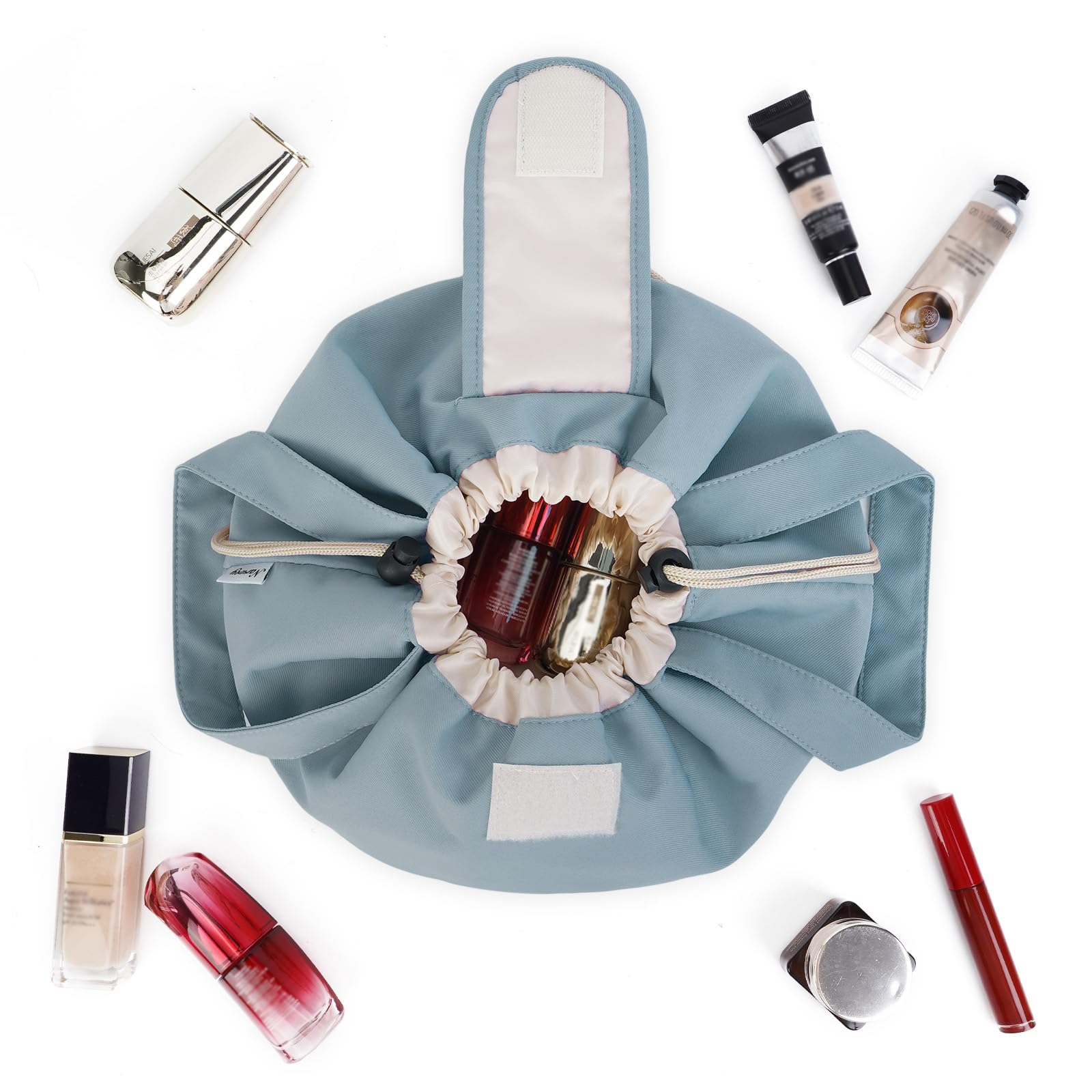 High-Capacity Barrel-Style Cosmetic Bag with Double Drawstring Closure – Water-Resistant, Padded Lining, Inner Zipper & Mesh Pocket – Ideal for Travel & Daily Use (Blue) - Image 7