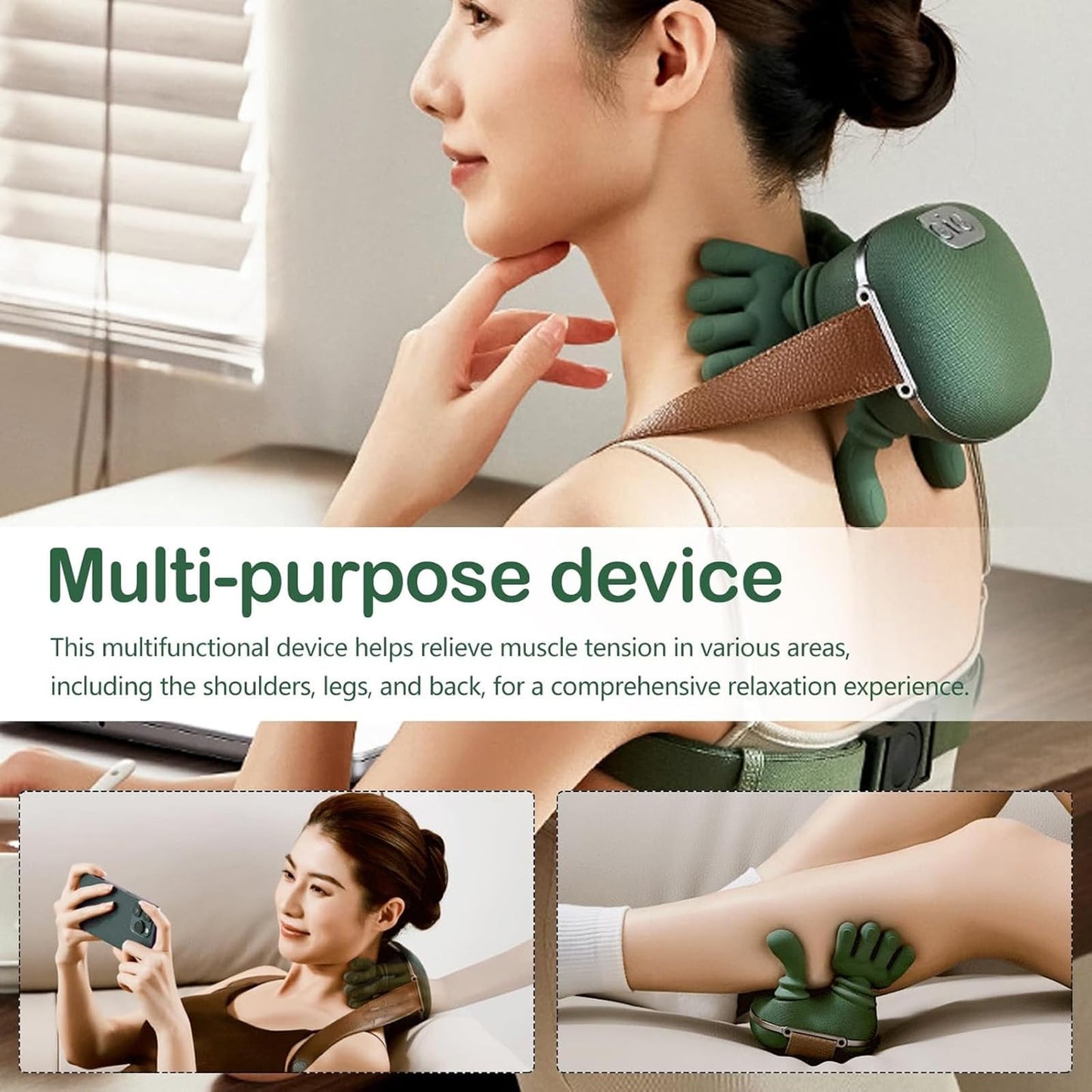 Hand-Like Neck & Shoulder Massager with 4D Kneading and Heat – Portable Massage Device for Back, Legs, and Neck Relaxation (Forest Green)  - Image 8