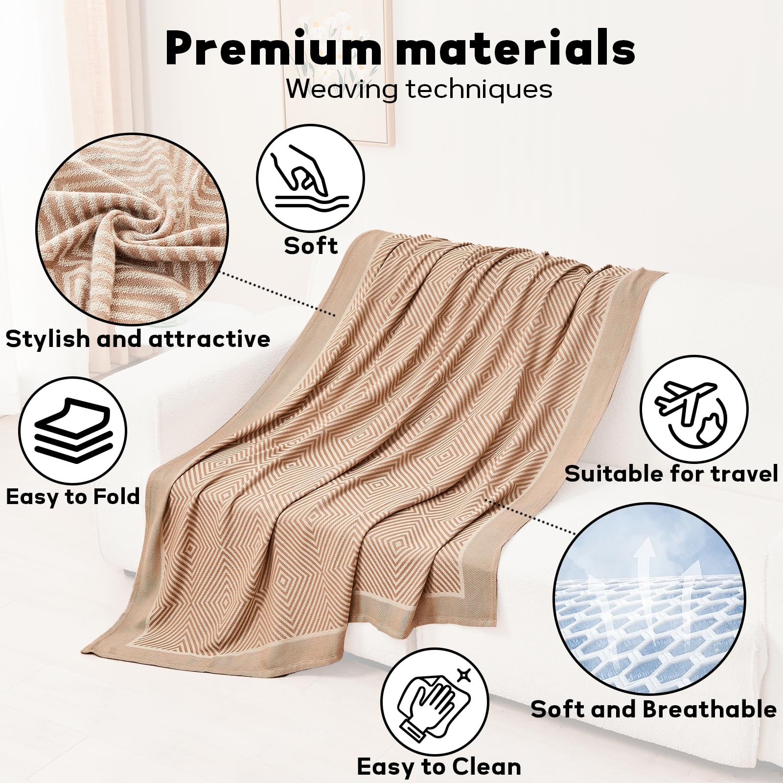 Premium Travel Blanket – Ultra-Soft Knit Wrap for Airplane, Car, Office Naps, and Gifts – Lightweight, Breathable, and Stylish with Storage Bag (Khaki) - Image 5