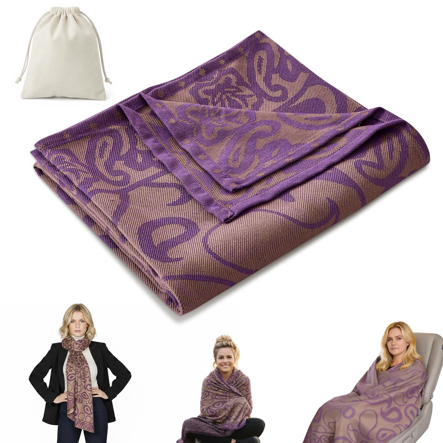 Premium Travel Blanket – Ultra-Soft Knit Wrap for Airplane, Car, Office Naps, and Gifts – Lightweight, Breathable, and Stylish with Storage Bag (Purple)