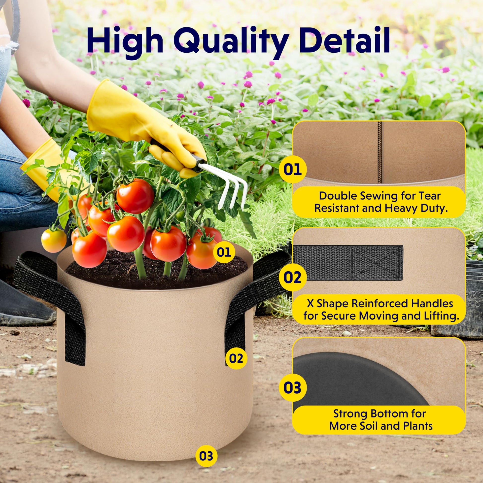 10-Pack 5-Gallon Fabric Grow Bags – Heavy-Duty Breathable Non-Woven Plant Pots with Handles for Vegetables, Herbs, Flowers (Camel) - Image 3
