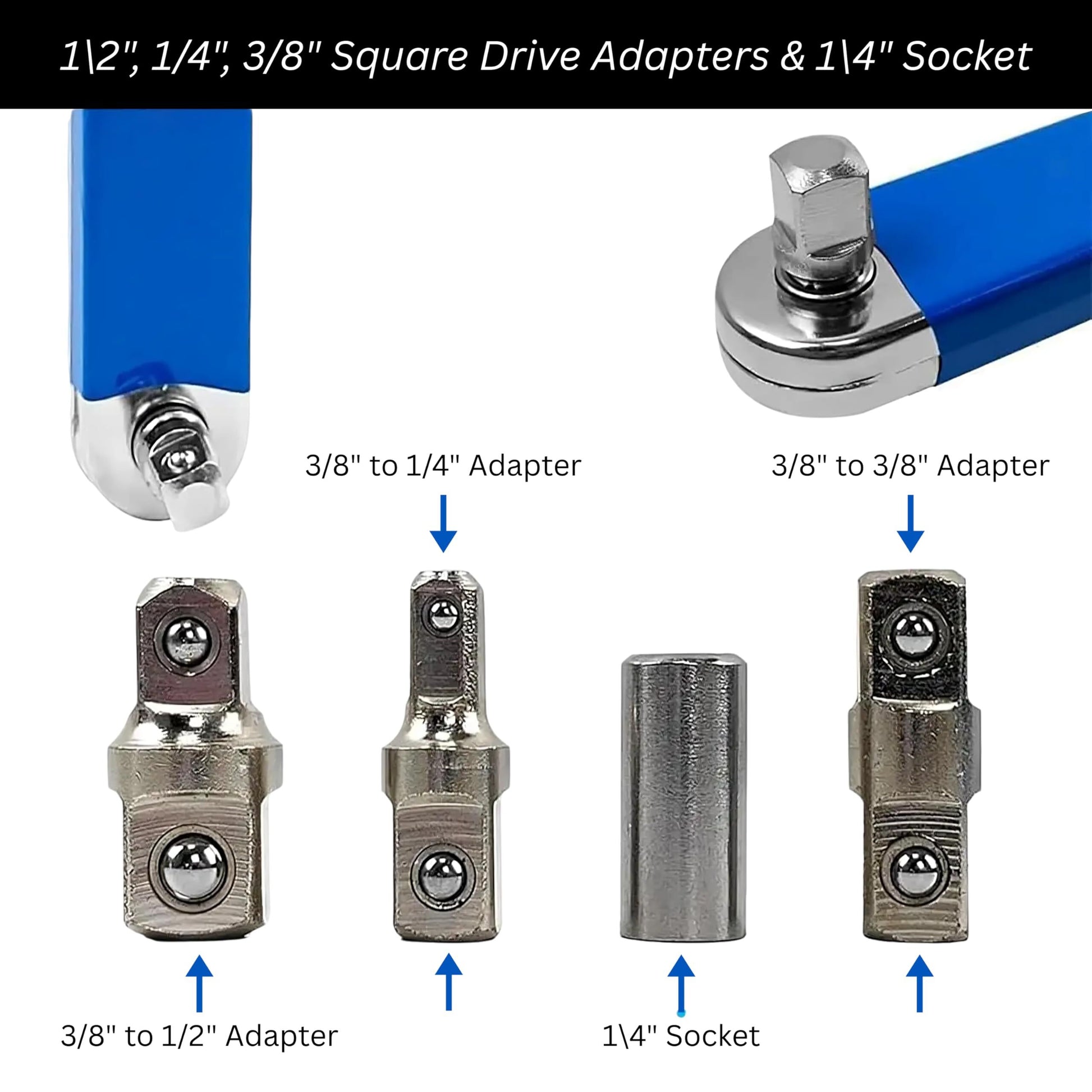Blue Offset Extension Wrench Set – 15.35" Long, 1/4", 3/8", 1/2" Square Drive Adapters & 1/4" Socket | Ideal for Tight Spaces - Image 9