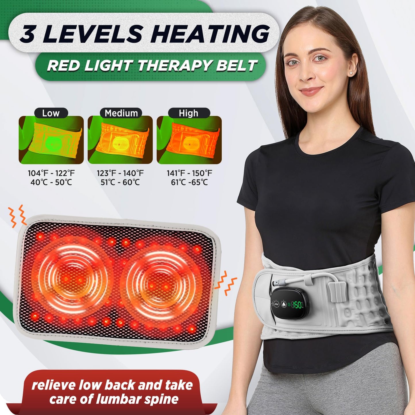 Inflatable Heating Massage Waist Belt with 3-Level Heat & Vibration – Cordless Back Support for Men and Women (Gray) - Image 2