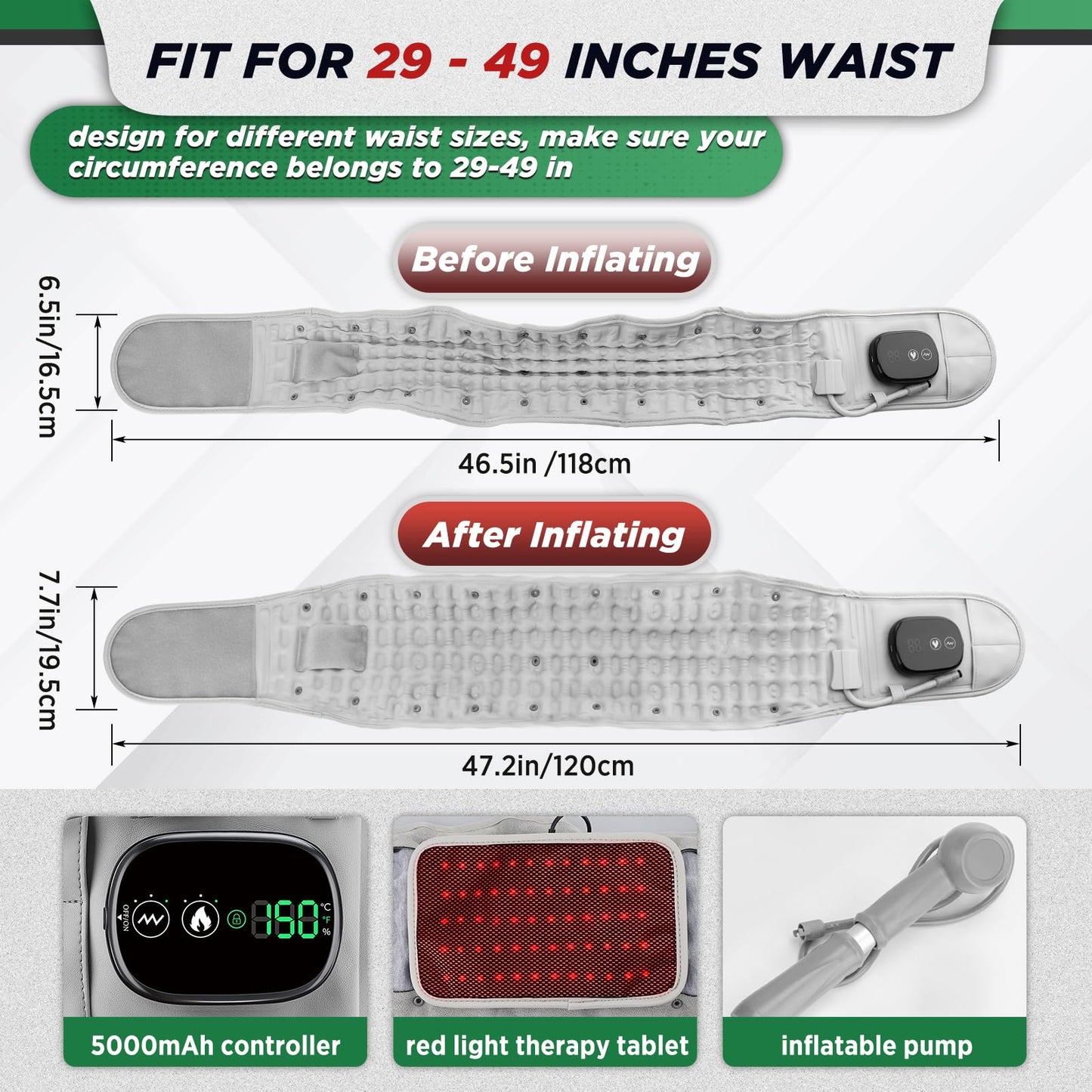 Inflatable Heating Massage Waist Belt with 3-Level Heat & Vibration – Cordless Back Support for Men and Women (Gray) - Image 5