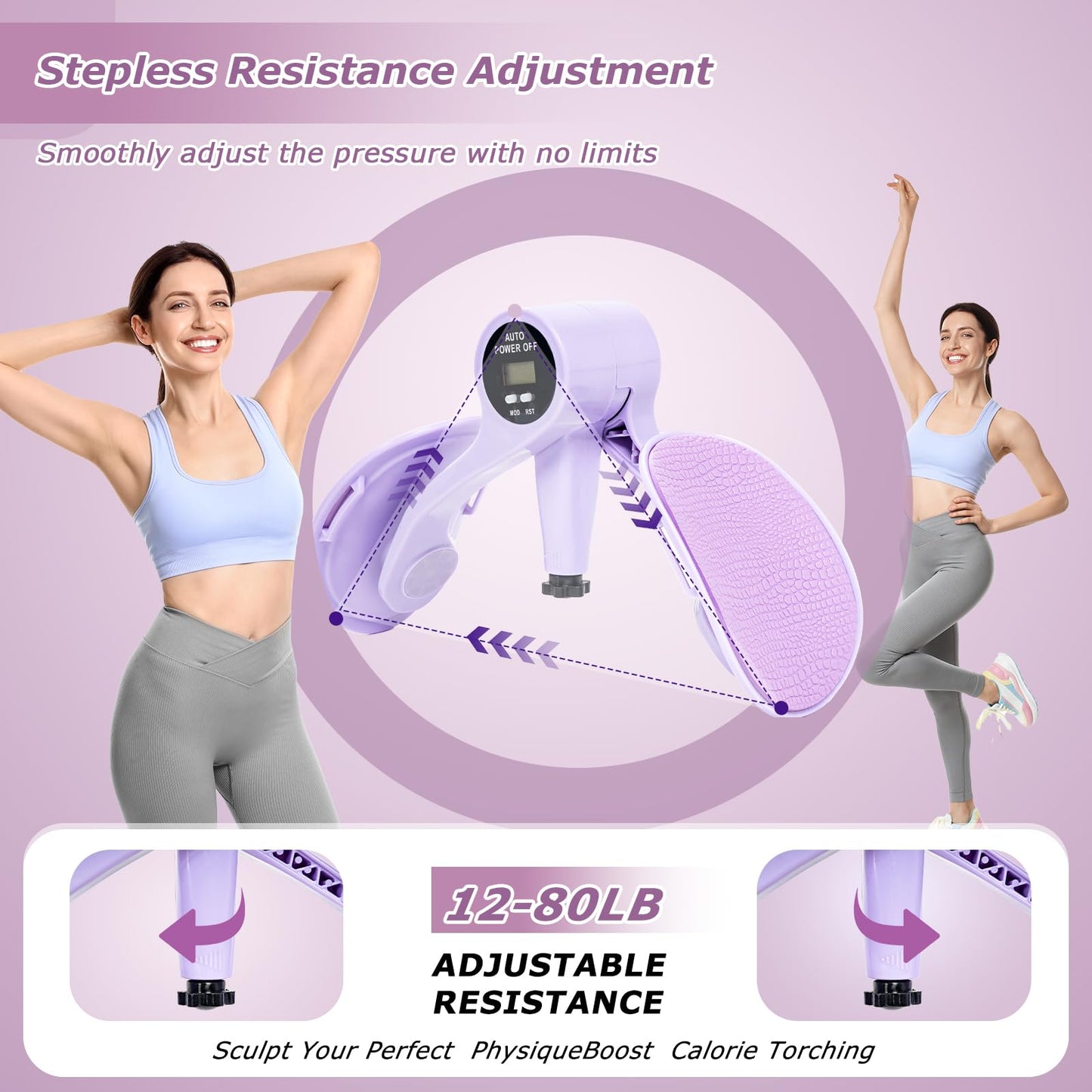 Smart Thigh Trainer with LED Display – 12-80lb Adjustable Resistance, 360° Rotation Kegel Exercise Equipment for Women (Purple) | Other Colors Available in Store - Image 2