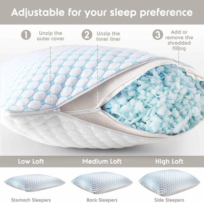 King Size Cooling Pillow with Shredded Memory Foam & Gel Infusion – Adjustable Loft, Breathable Dual-Sided Cover, 20" x 36" (Blue) | Other Sizes Available in Store - Image 3