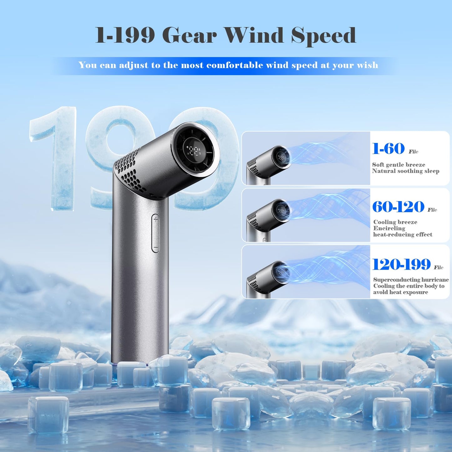 Portable Mini Handheld Fan – 3-in-1 Rechargeable Turbine Fan with 1-199 Speed, Digital Display, Neck Strap, Long Battery Life for Outdoor, Travel, Office Use (Grey) - Image 5