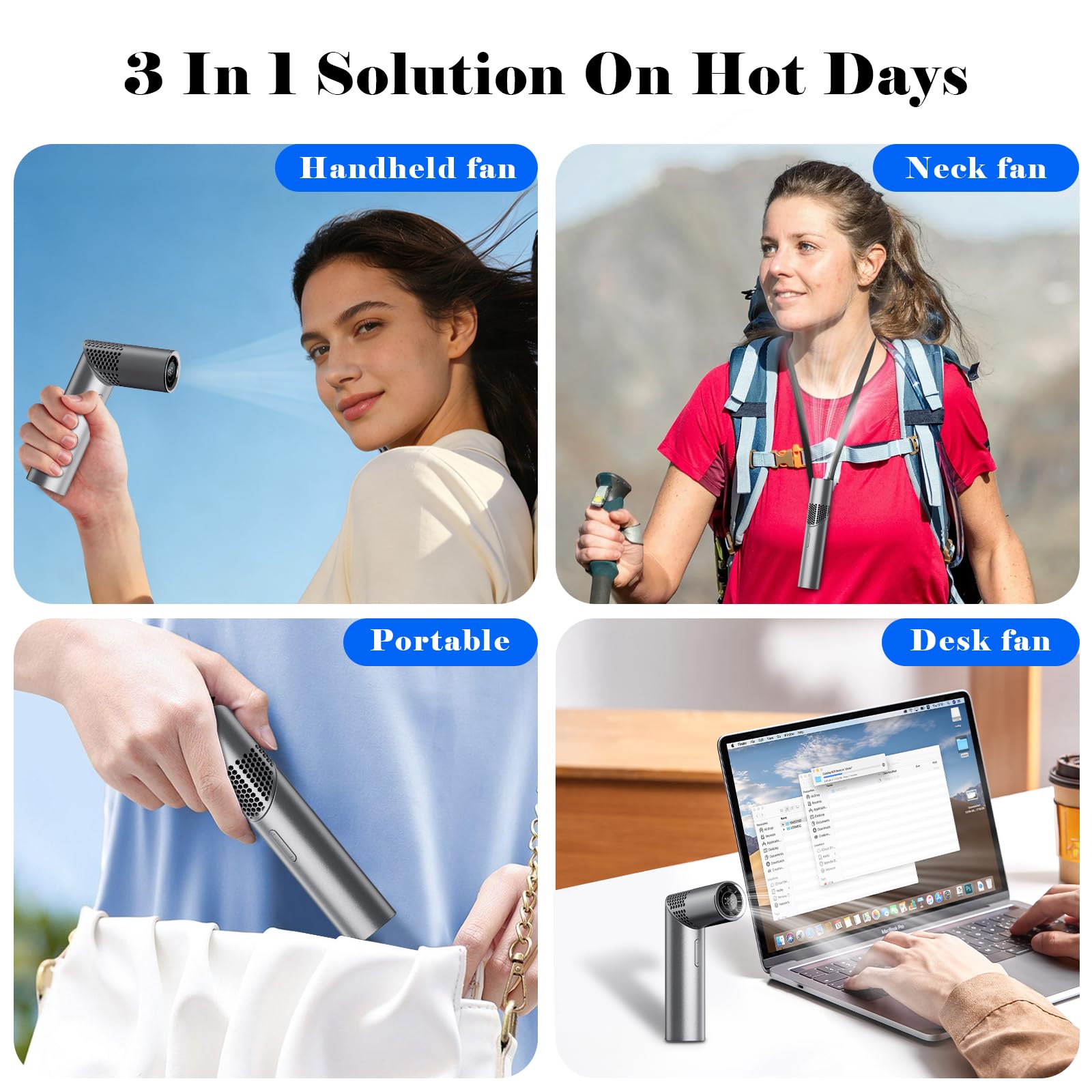 Portable Mini Handheld Fan – 3-in-1 Rechargeable Turbine Fan with 1-199 Speed, Digital Display, Neck Strap, Long Battery Life for Outdoor, Travel, Office Use (Grey) - Image 8