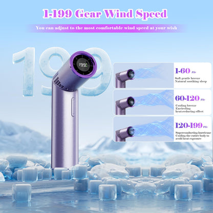 Portable Mini Handheld Fan – 3-in-1 Rechargeable Turbine Fan with 1-199 Speed, Digital Display, Neck Strap, Long Battery Life for Outdoor, Travel, Office Use (Purple) - Image 2
