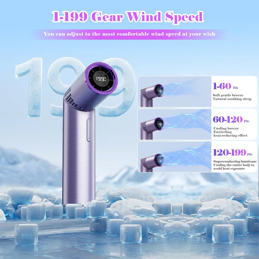Portable Mini Handheld Fan – 3-in-1 Rechargeable Turbine Fan with 1-199 Speed, Digital Display, Neck Strap, Long Battery Life for Outdoor, Travel, Office Use (Purple) - Image 2