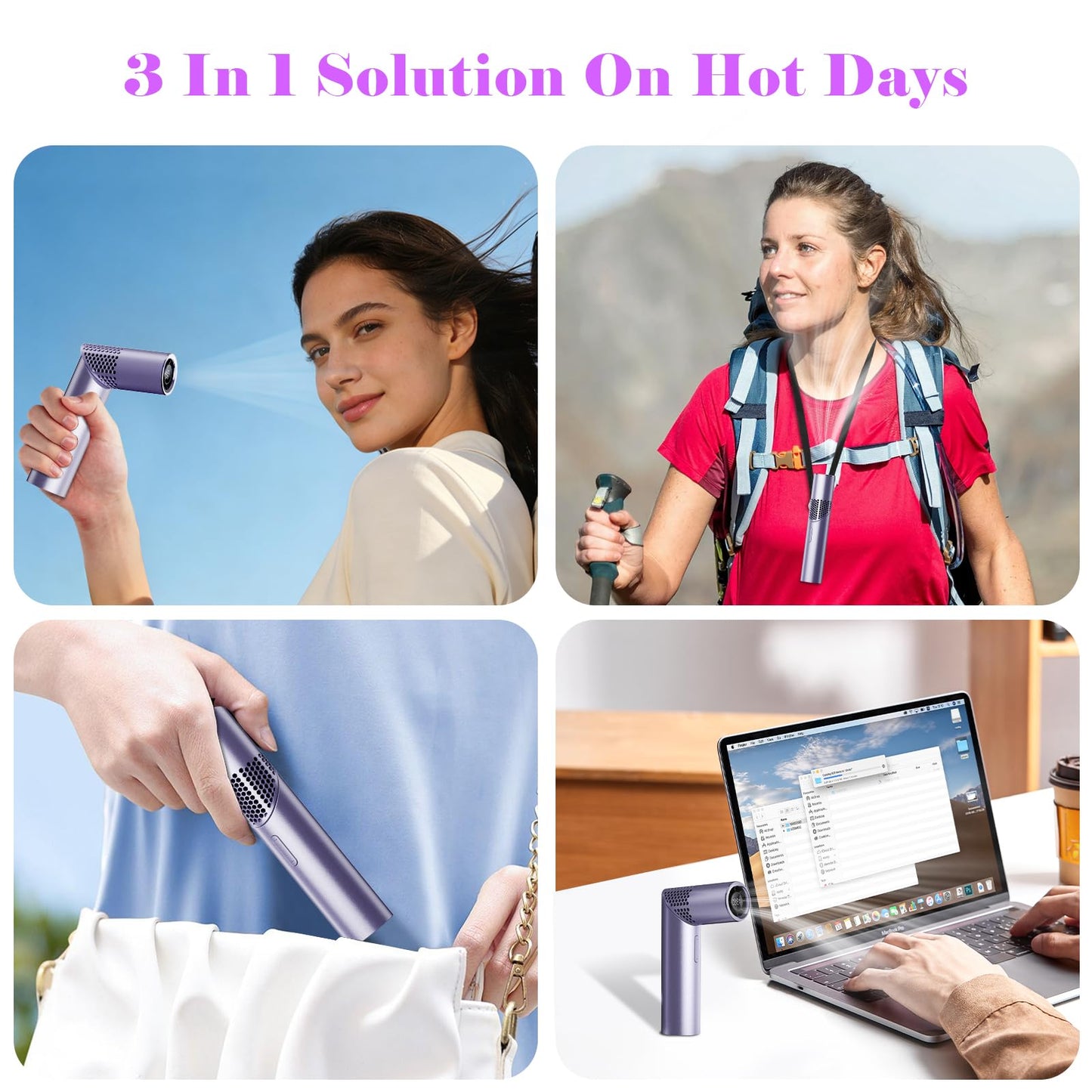 Portable Mini Handheld Fan – 3-in-1 Rechargeable Turbine Fan with 1-199 Speed, Digital Display, Neck Strap, Long Battery Life for Outdoor, Travel, Office Use (Purple) - Image 7