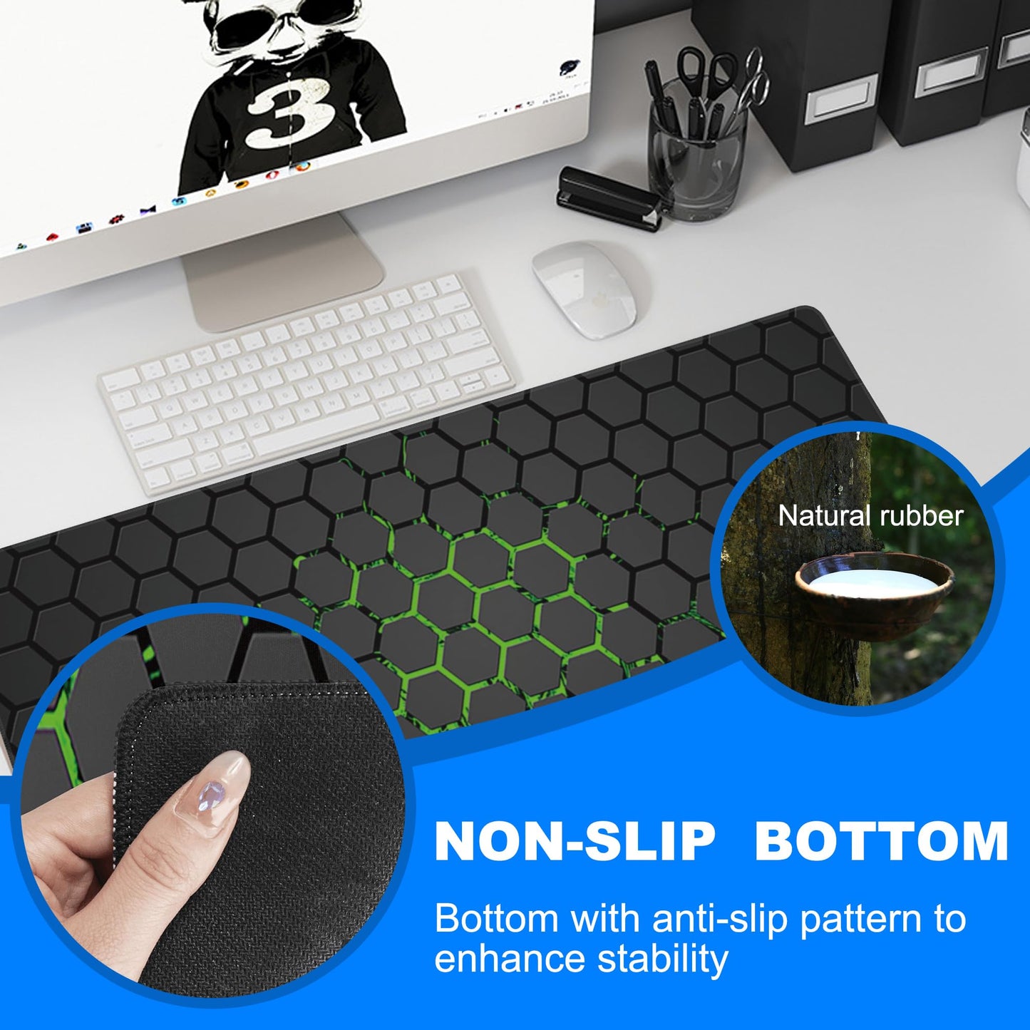 Extra Large Gaming Mouse Pad with Hexagonal Design – Anti-Slip Desk Mat for Keyboard, Mouse & Office Use, Durable Stitched Edge, Smooth Fabric Surface (Black) - Image 3