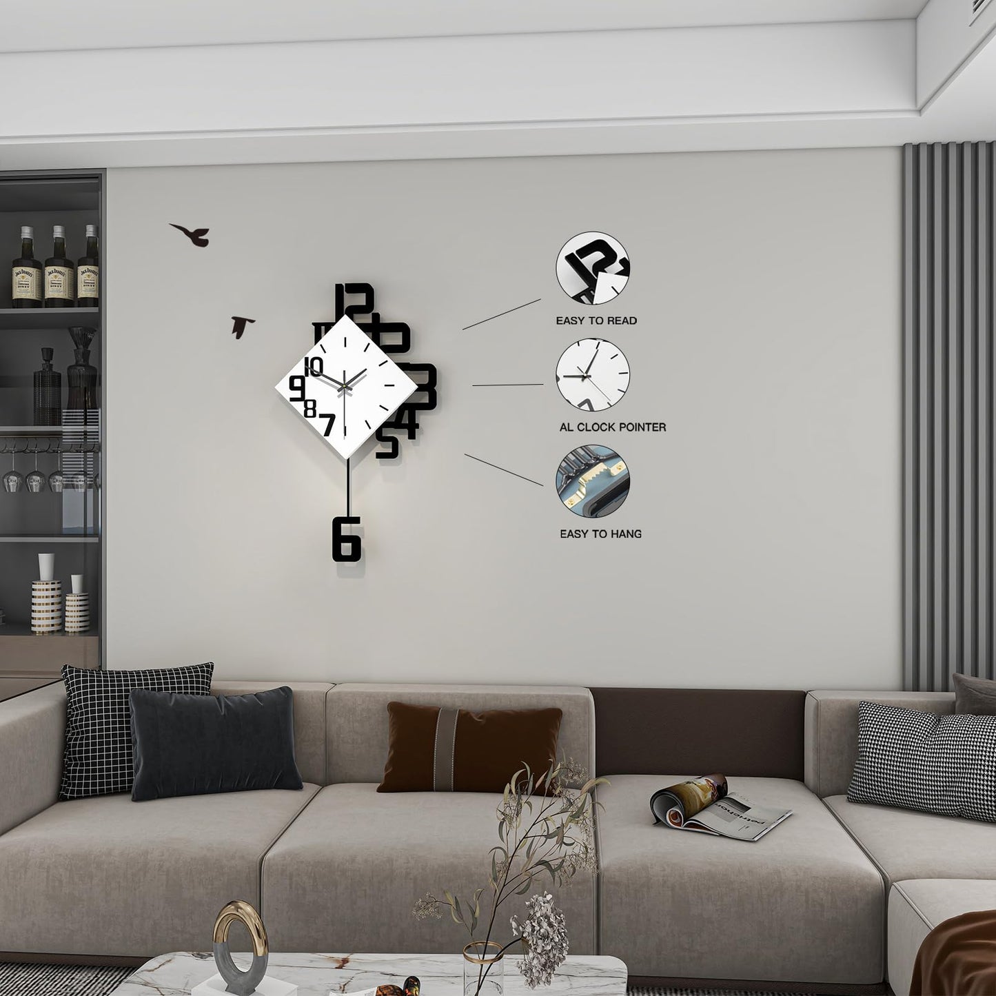 Modern Diamond Wall Clock – Creative 3D Design Silent Quartz Wall Clock for Living Room, Bedroom, Office, Home Decor, Battery Operated (Black-White) - Image 4