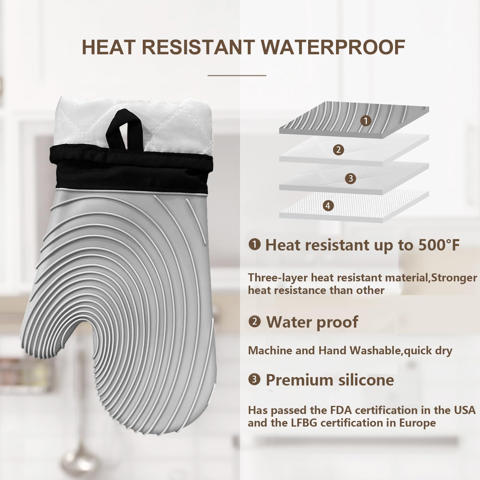 Premium Silicone Oven Mitts – Heat Resistant Up to 500°F, Non-Slip Grip, Easy to Clean, Food Grade & BPA-Free, Ideal for Grilling, Baking, Cooking, Microwave Use (Grey) - Image 3