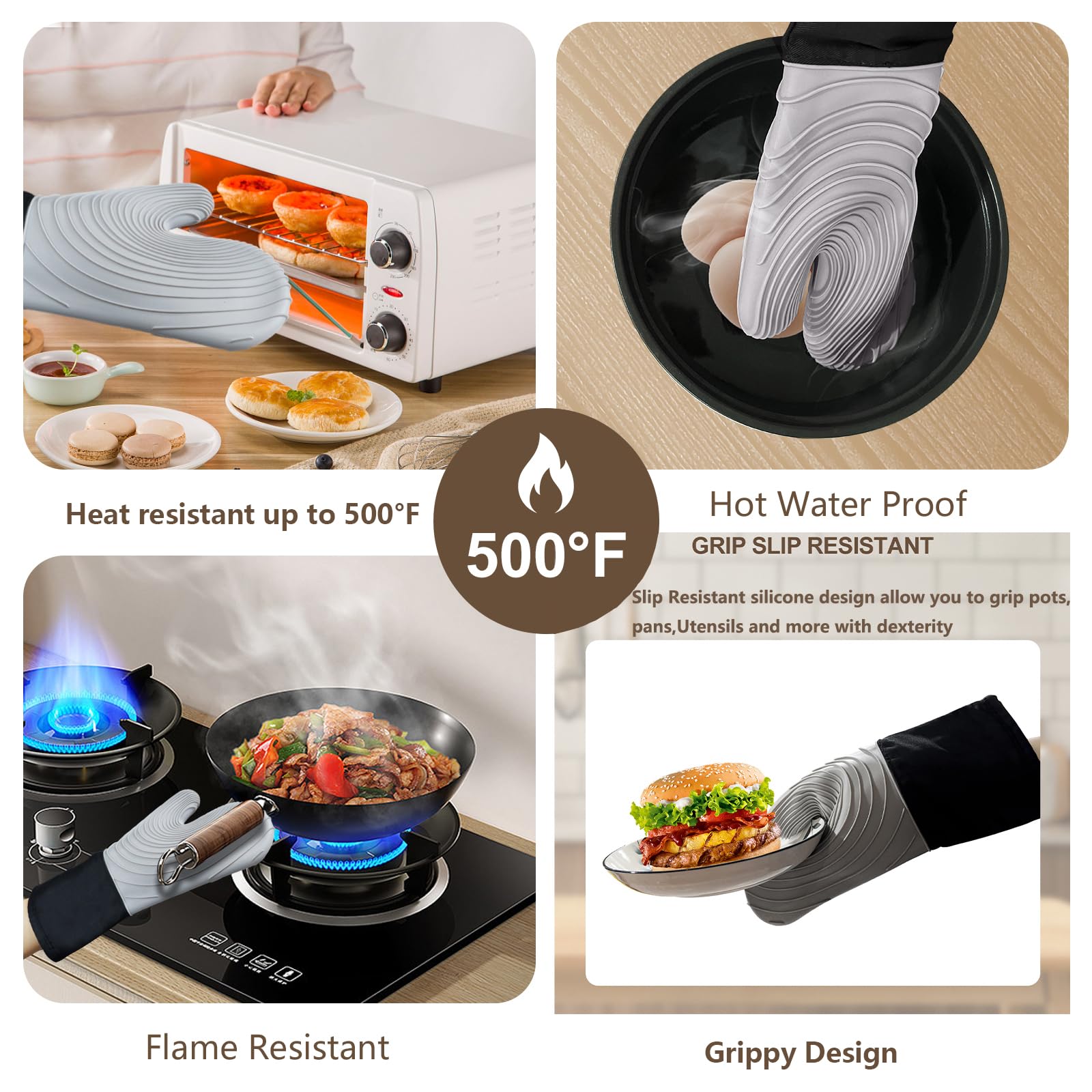 Premium Silicone Oven Mitts – Heat Resistant Up to 500°F, Non-Slip Grip, Easy to Clean, Food Grade & BPA-Free, Ideal for Grilling, Baking, Cooking, Microwave Use (Grey) - Image 4