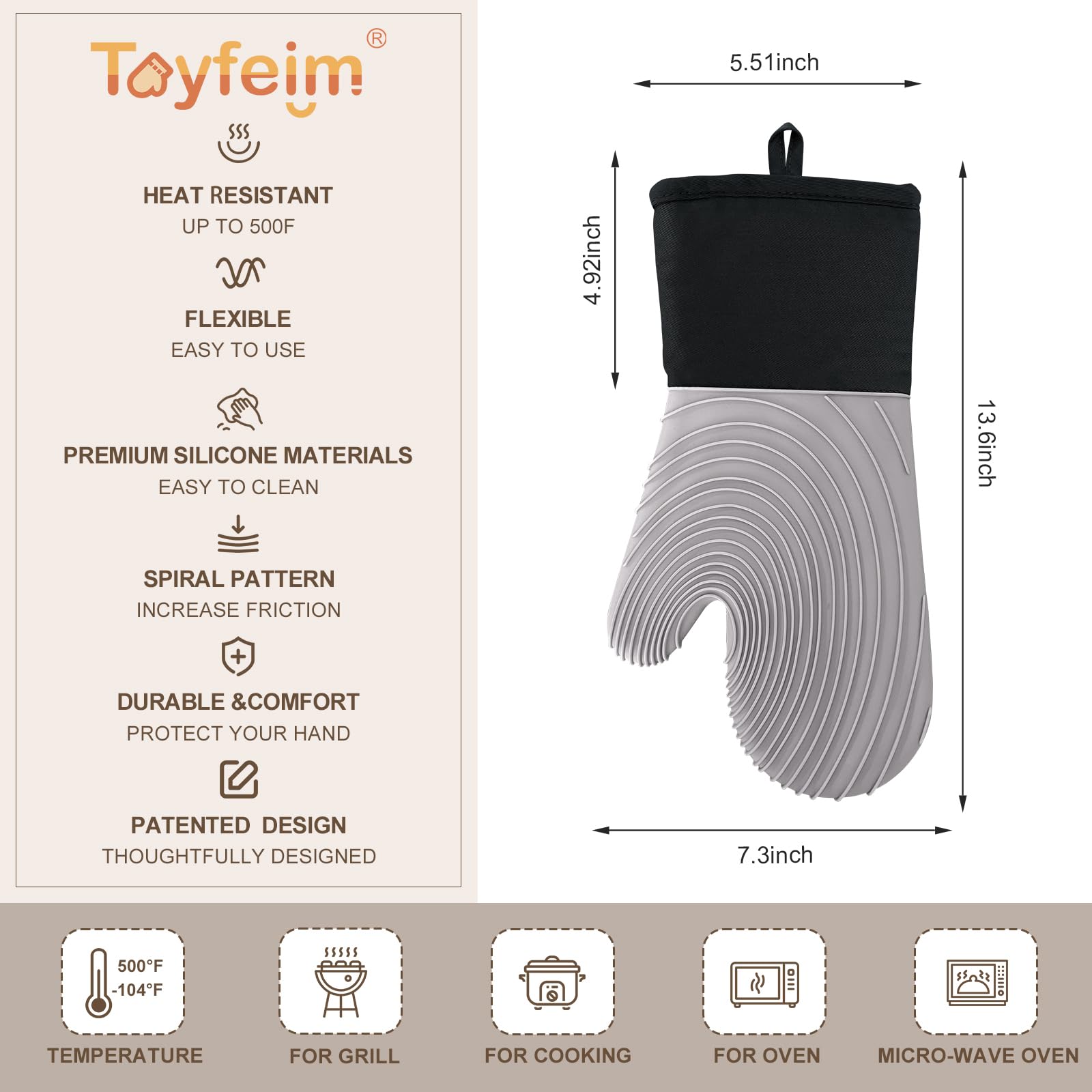 Premium Silicone Oven Mitts – Heat Resistant Up to 500°F, Non-Slip Grip, Easy to Clean, Food Grade & BPA-Free, Ideal for Grilling, Baking, Cooking, Microwave Use (Grey) - Image 6