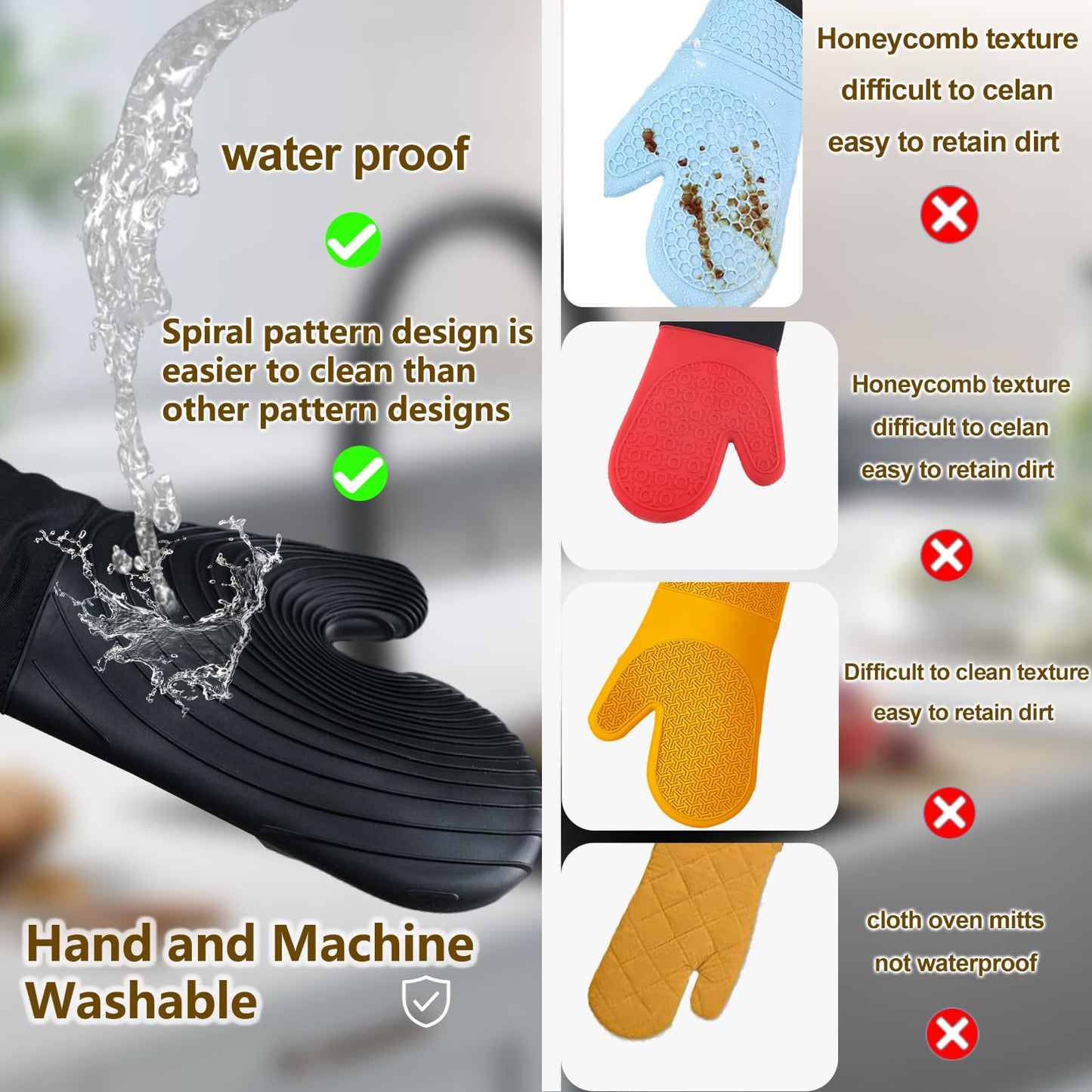 Premium Silicone Oven Mitts – Heat Resistant Up to 500°F, Non-Slip Grip, Easy to Clean, Food Grade & BPA-Free, Ideal for Grilling, Baking, Cooking, Microwave Use (Black) - Image 2