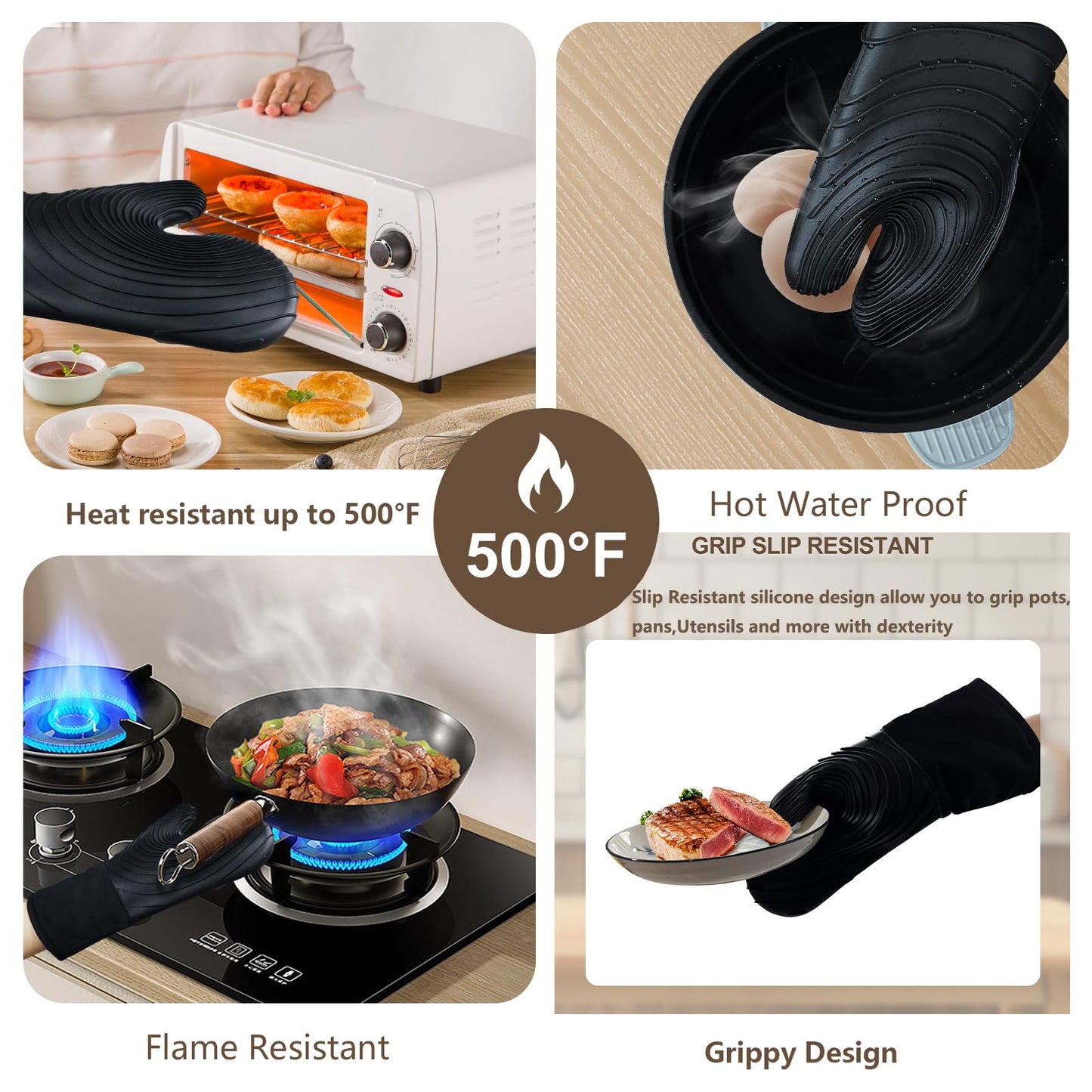 Premium Silicone Oven Mitts – Heat Resistant Up to 500°F, Non-Slip Grip, Easy to Clean, Food Grade & BPA-Free, Ideal for Grilling, Baking, Cooking, Microwave Use (Black) - Image 4