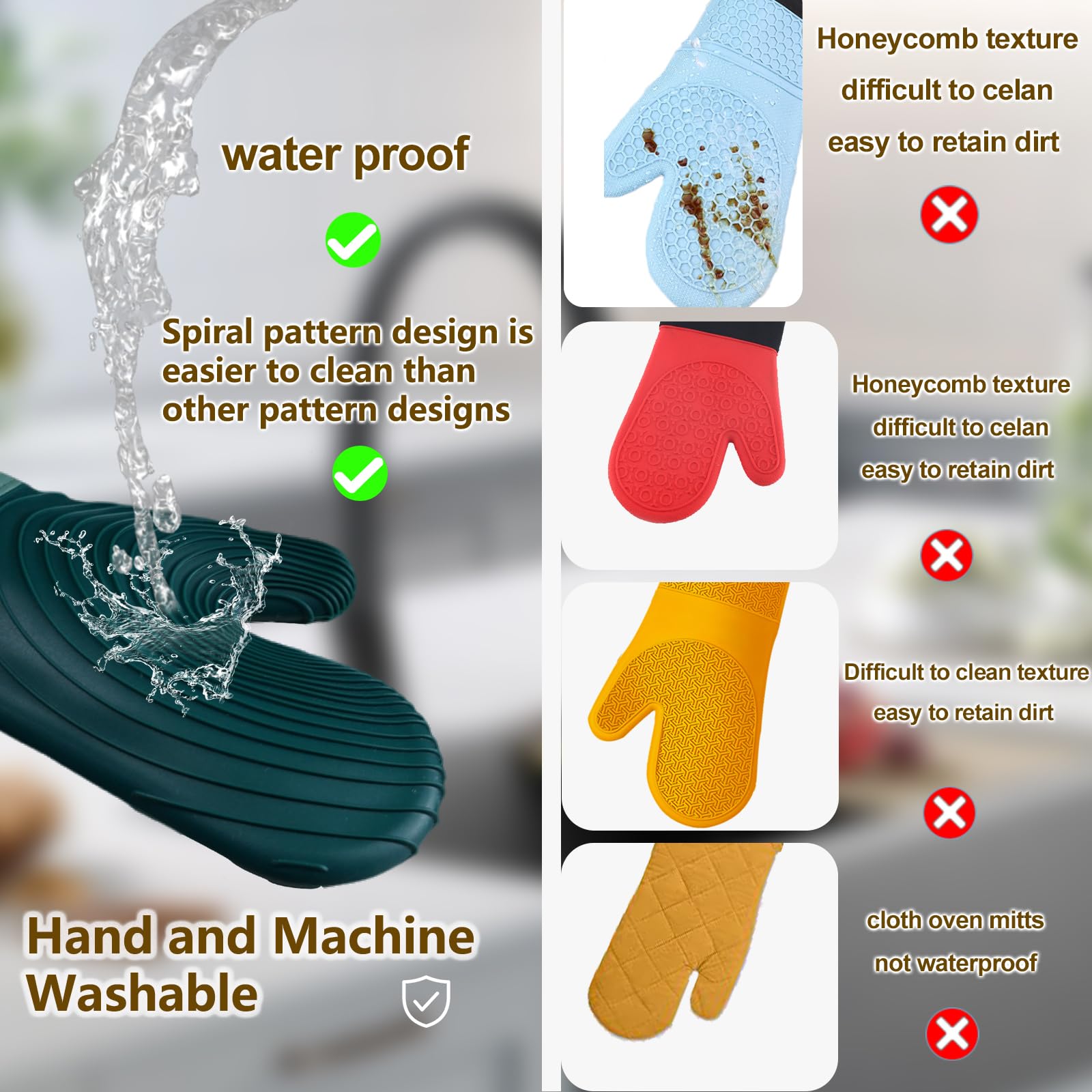 Premium Silicone Oven Mitts – Heat Resistant Up to 500°F, Non-Slip Grip, Easy to Clean, Food Grade & BPA-Free, Ideal for Grilling, Baking, Cooking, Microwave Use (Green) - Image 2