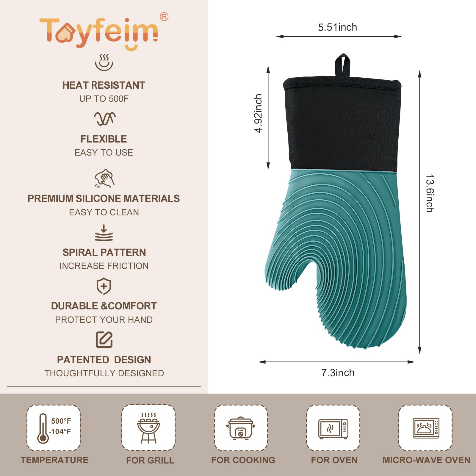 Premium Silicone Oven Mitts – Heat Resistant Up to 500°F, Non-Slip Grip, Easy to Clean, Food Grade & BPA-Free, Ideal for Grilling, Baking, Cooking, Microwave Use (Green) - Image 5